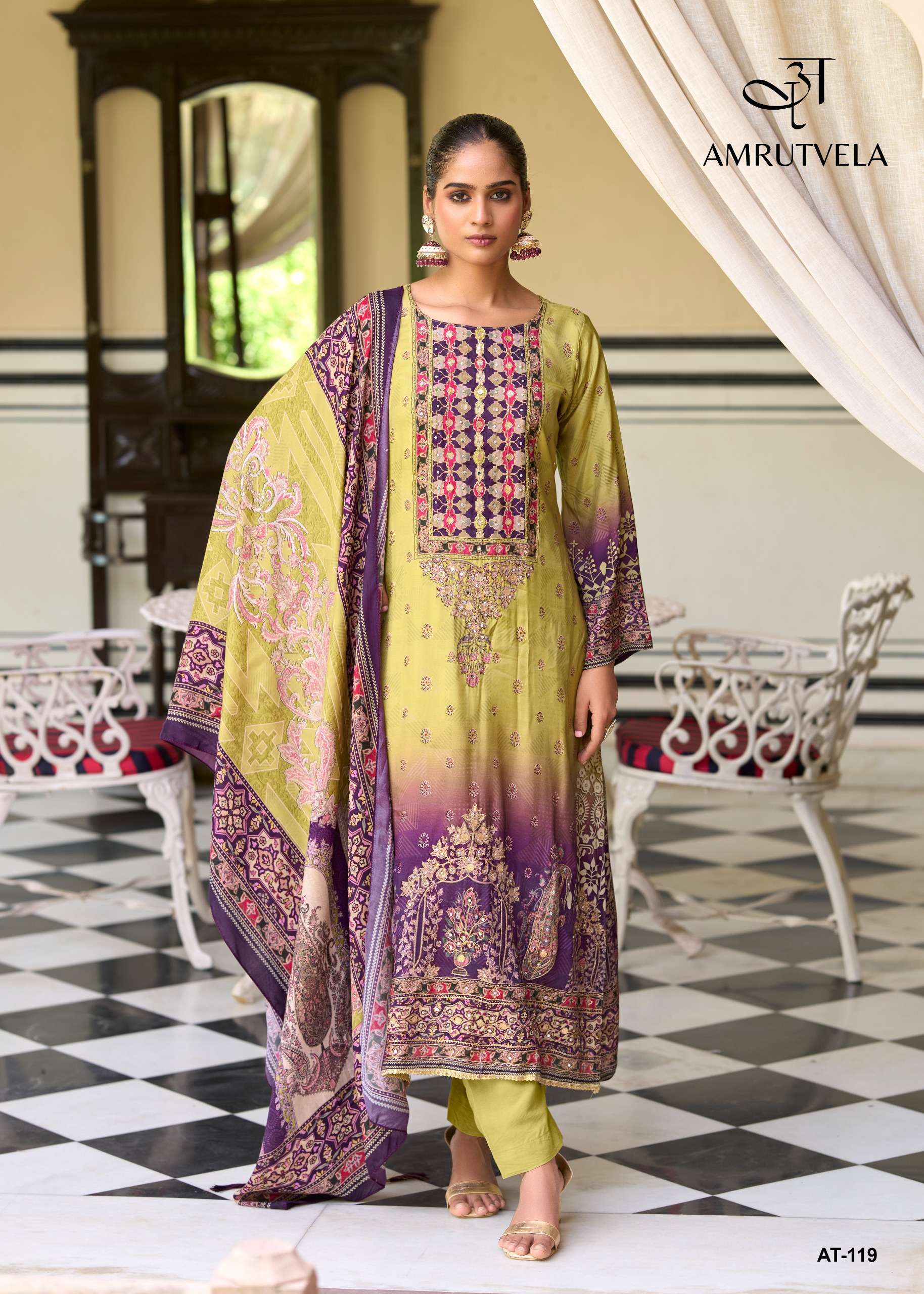 AMRUTVELA AT 119 MUSLIN DIGITAL PRINT WITH FANCY WORK PAKISTANI SUIT