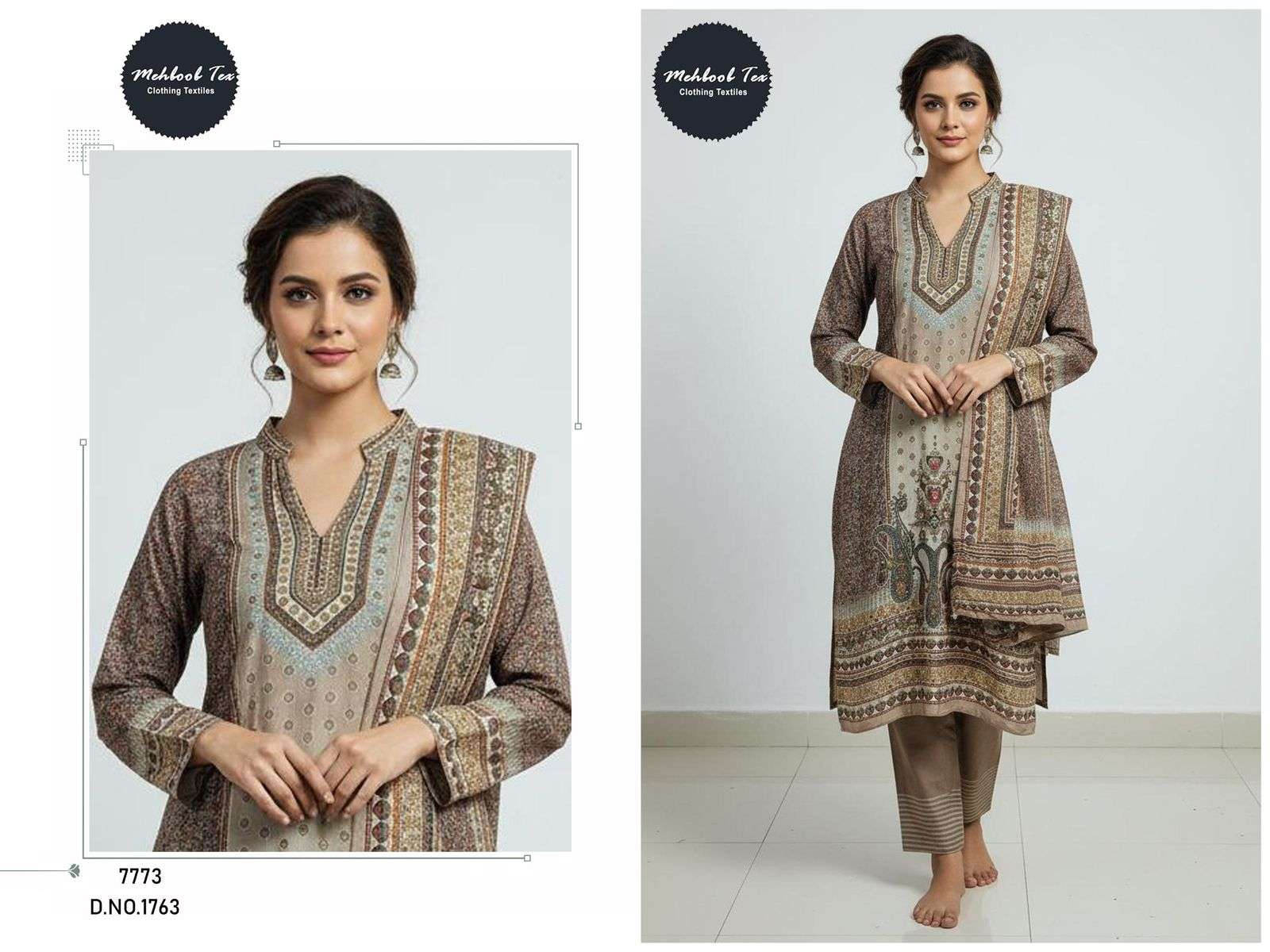 MEHBOOB TEX DESIGN NO - 1763 PURE VISCOSE MUSLIN DIGITAL PRINT AARI HANDWORK PAKISTANI SUIT 
