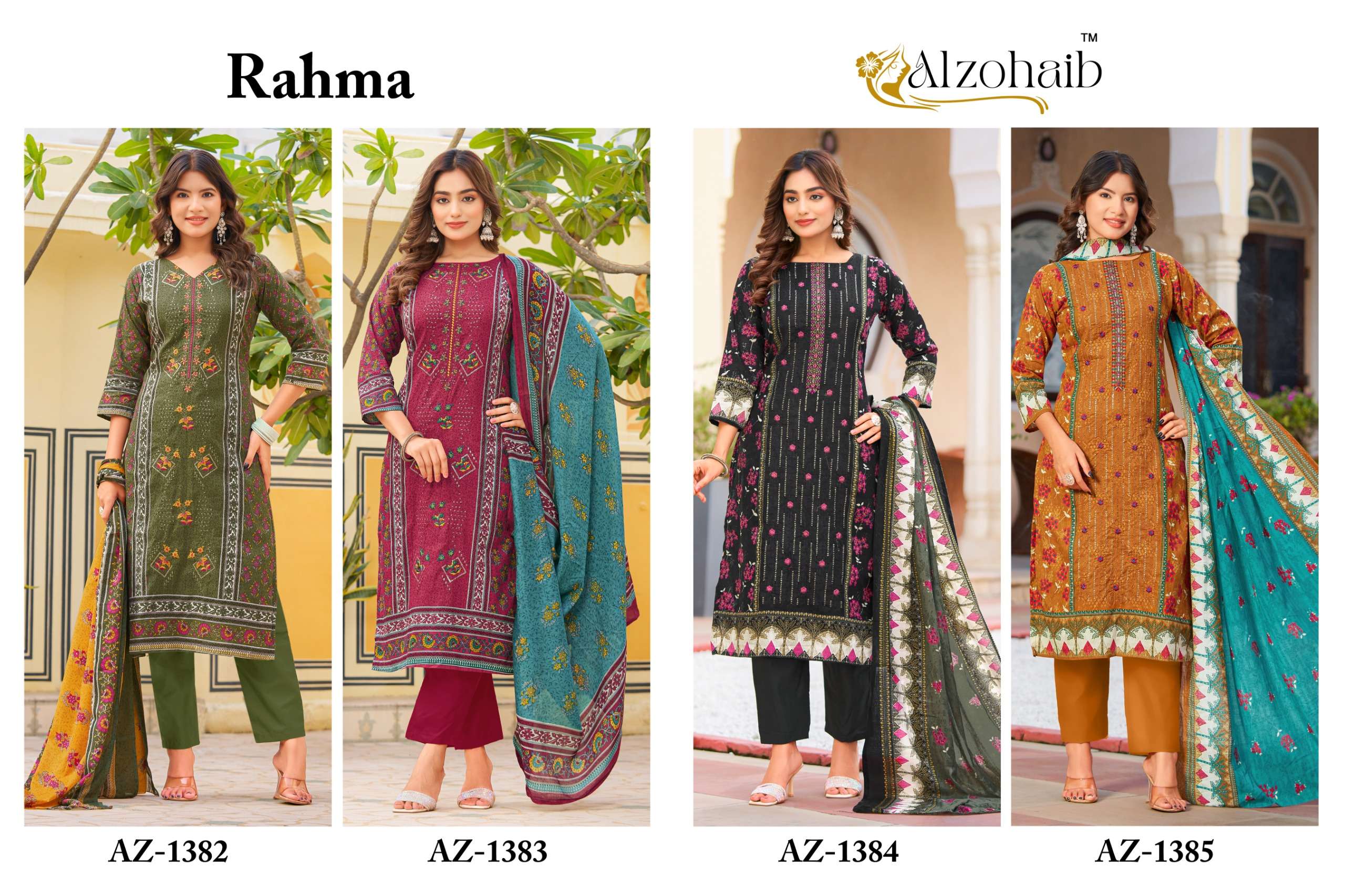 AL ZOHAIB DESIGN NO - 1382-1383-1384-1385 PURE COTTON PRINT HEAVY SELF WORK PAKISTANI SUIT