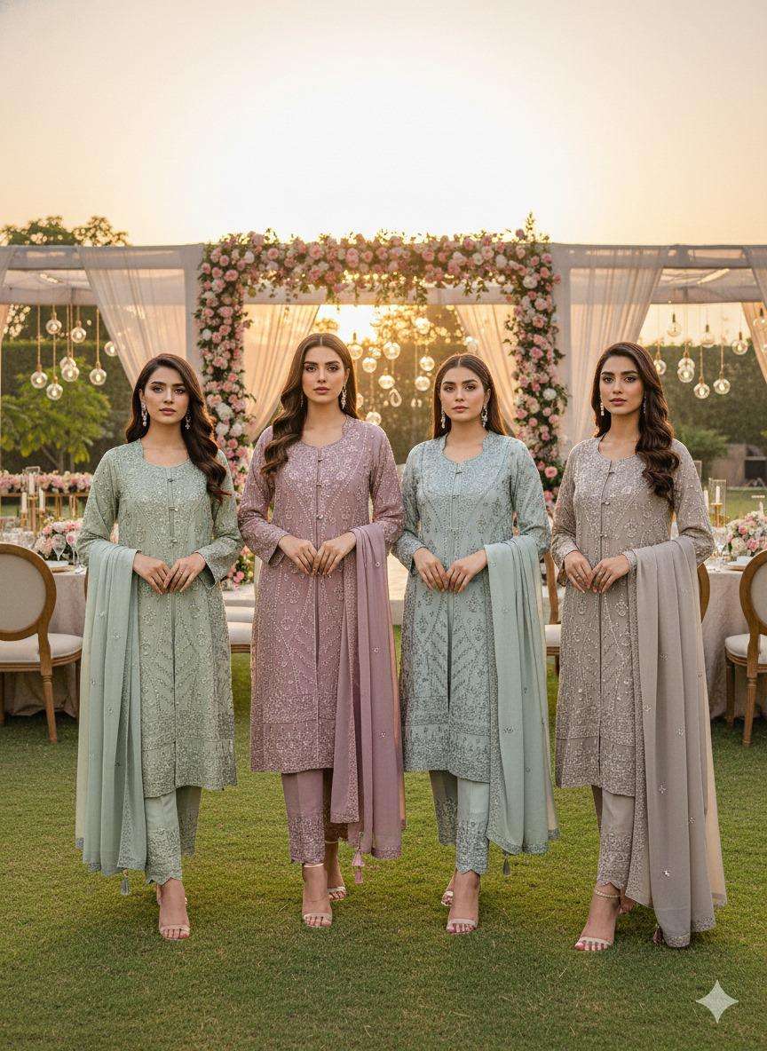 HOOR TEX DESIGN NO - HF 471 A-D HEAVY GEORGETTE ZARKHAN WORK READYMADE PAKISTANI SUIT