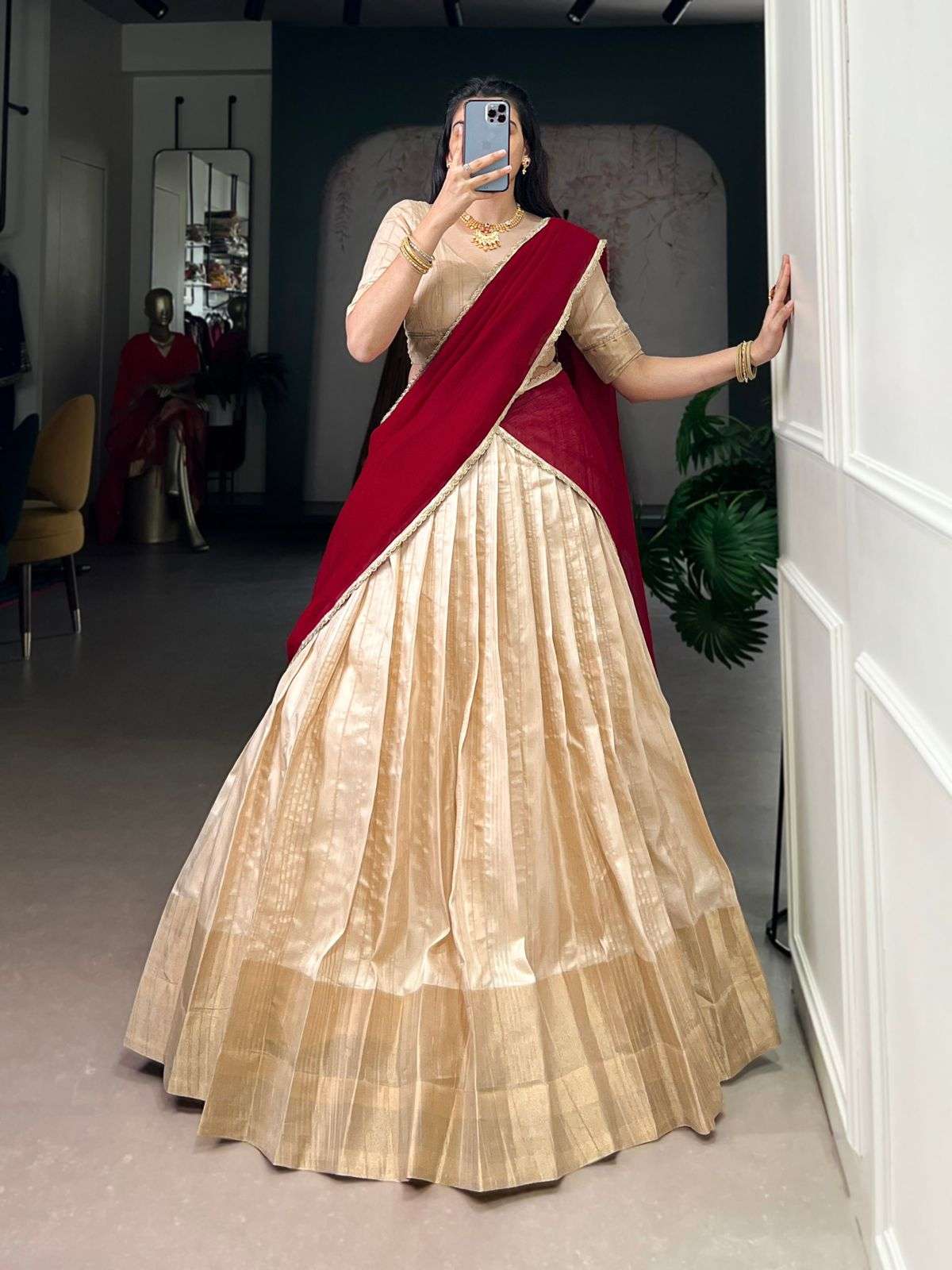 MF LNB1031CRM FANCY HANDLOOM COTTON GLOSSY LOOKS LEHENGA CHOLI 
