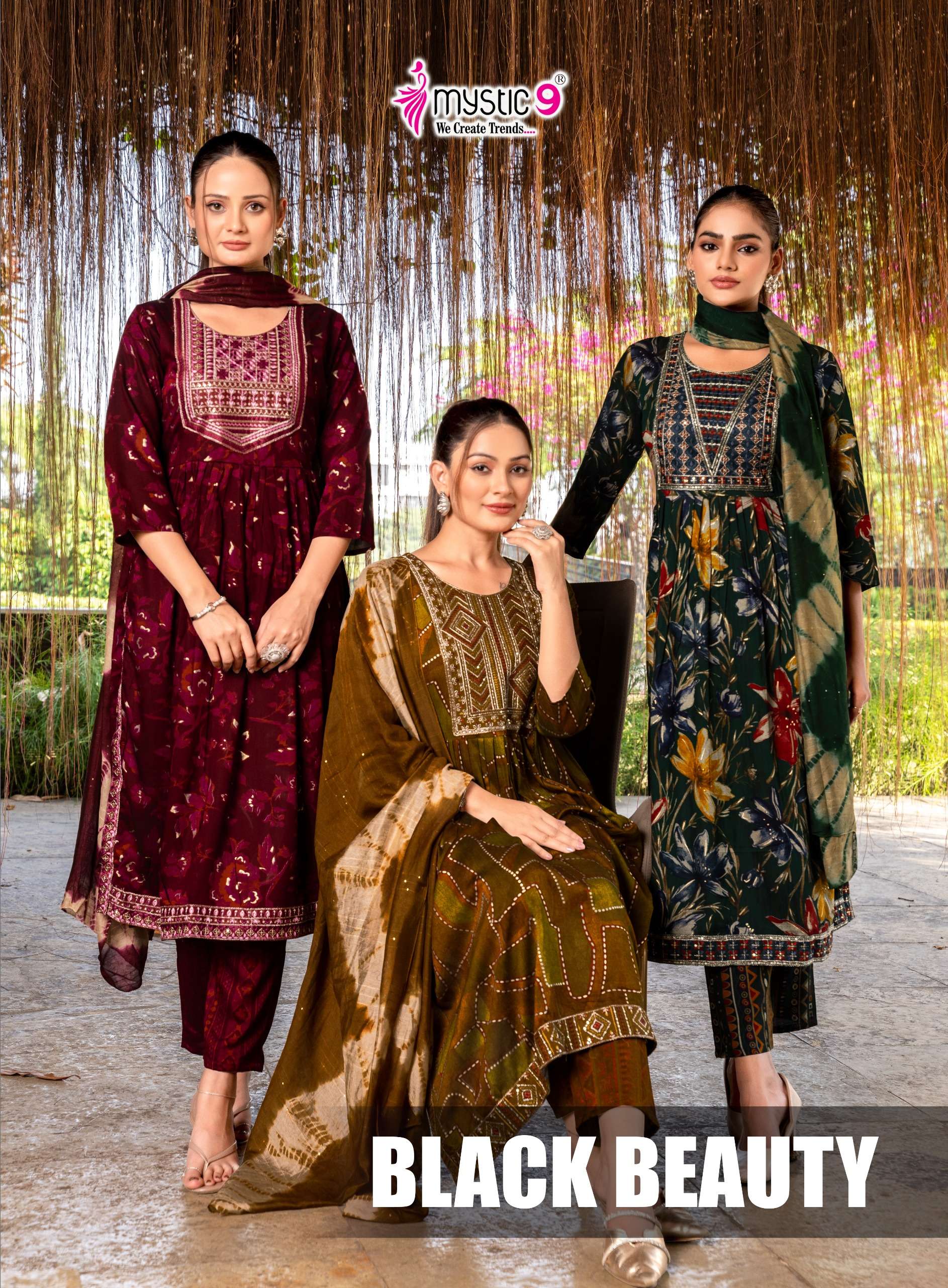 MYSTIC 9 BLACK BEAUTY VOL 6 NAIRA CUT STYLE FANCY KURTI BOTTOM AND DUPATTA 