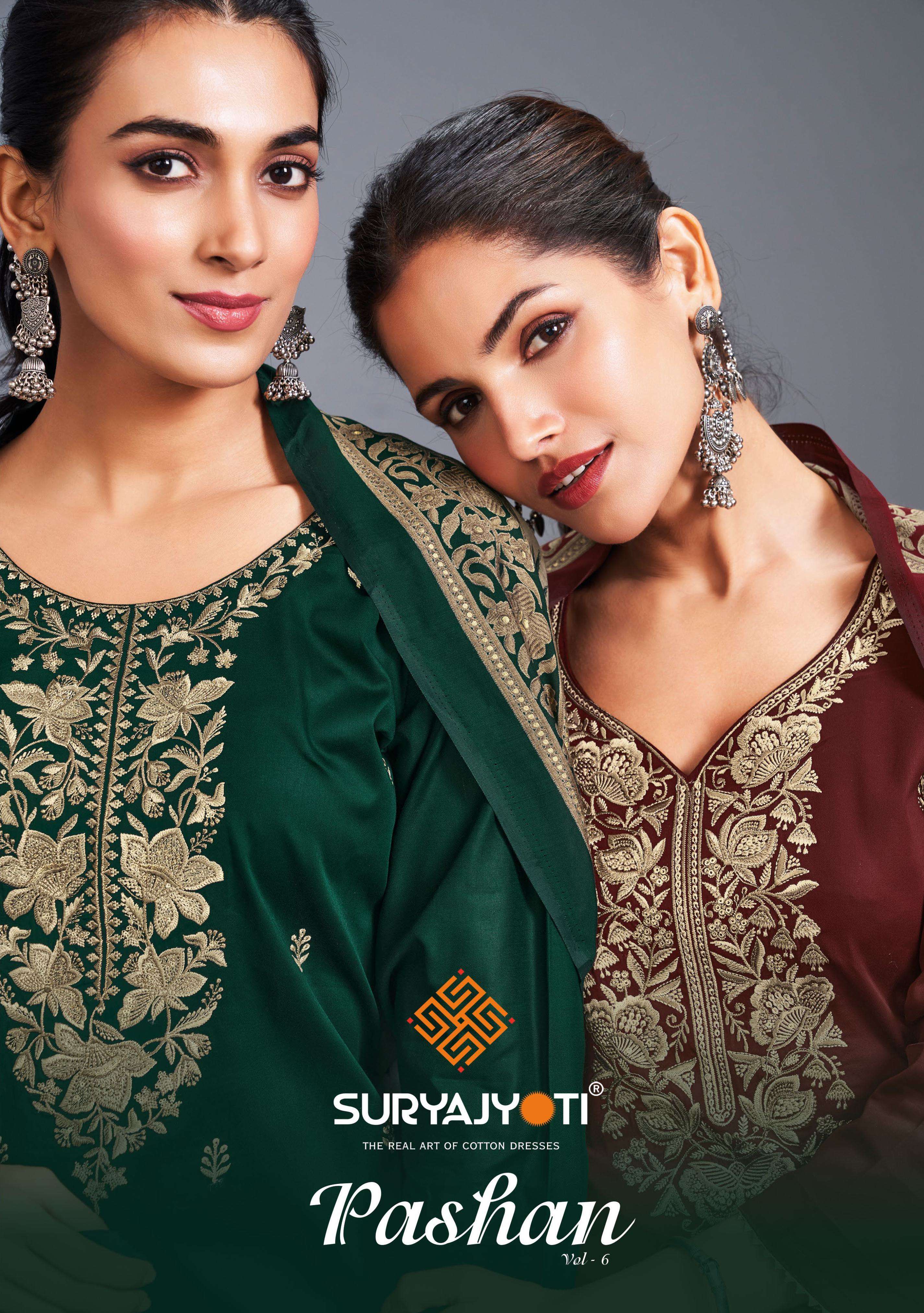 SURYAJYOTI PASHAN VOL 6 JAM SATIN PRINT WITH FANCY EMBROIDERY WORK SUIT