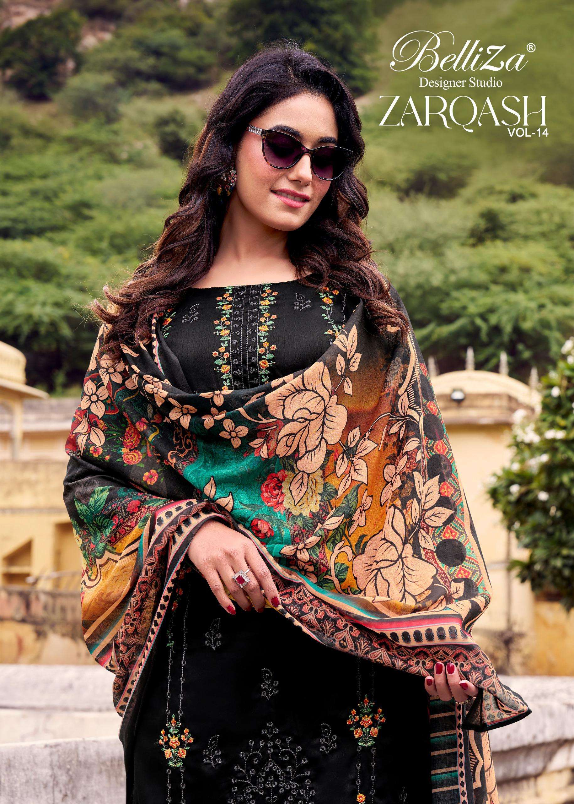 BELLIZA DESIGNER STUDIO ZARQASH VOL 14 JAM COTTON FANCY WORK SUITS 