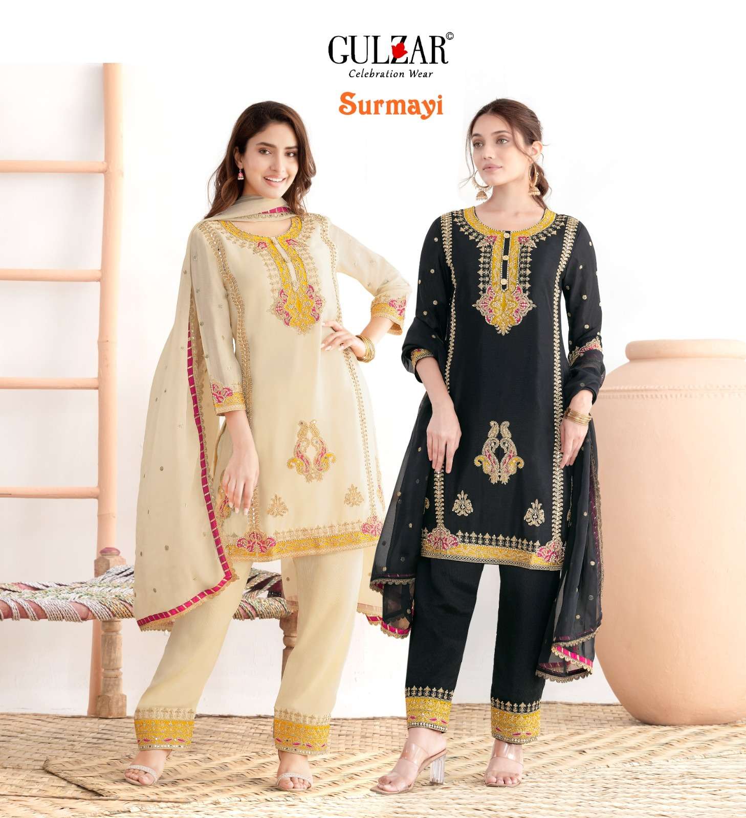 GULZAR SURMAYI CHINON HEAVY EMBROIDERED DESIGNER FESTIVE WEAR LADIES SUIT