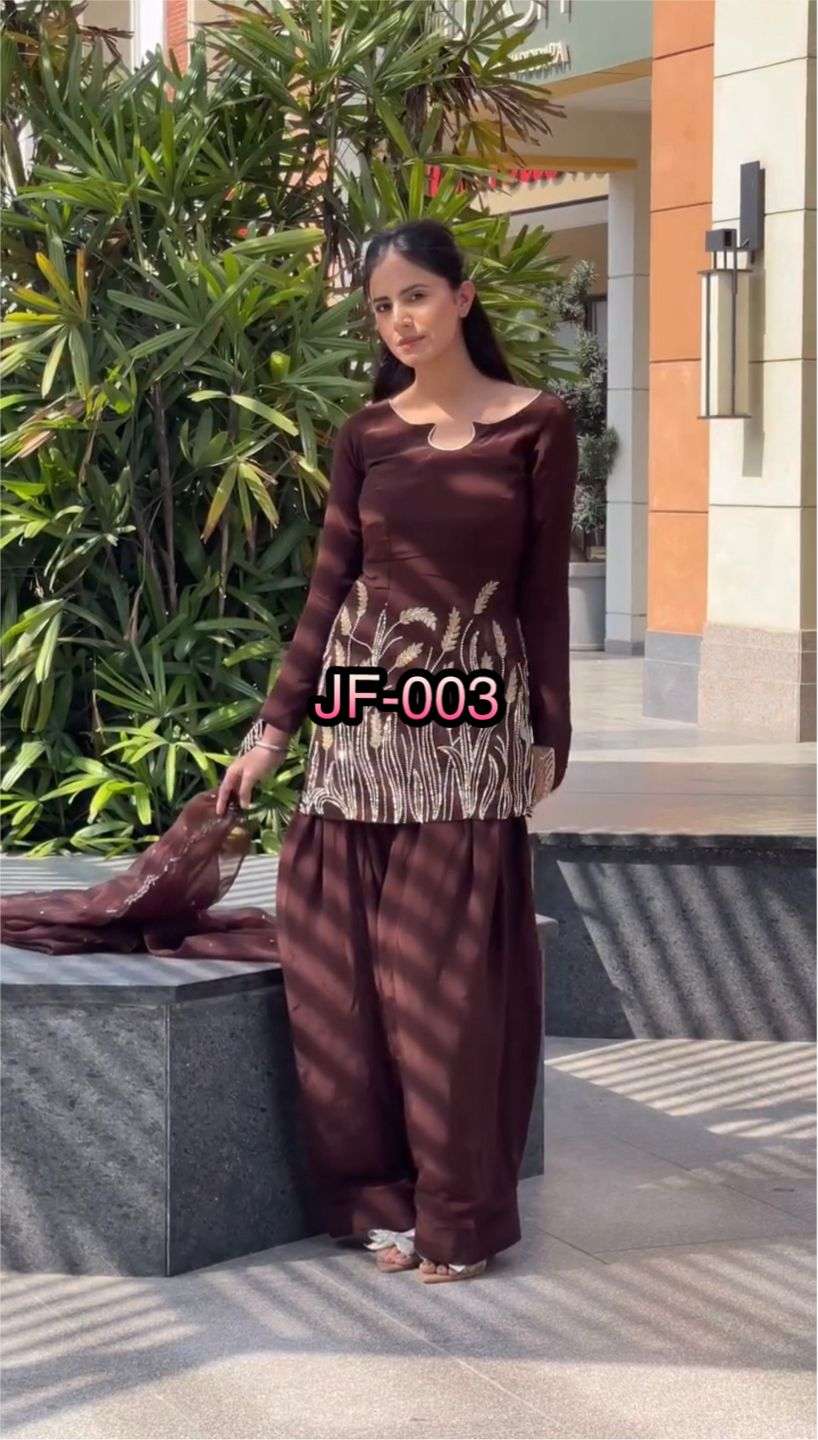JF 003 GEORGETTE EMBROIDERY DESIGNER PARTY WEAR LADIES TOP WITH FARSHI PLAZZO AND DUPATTA SET 