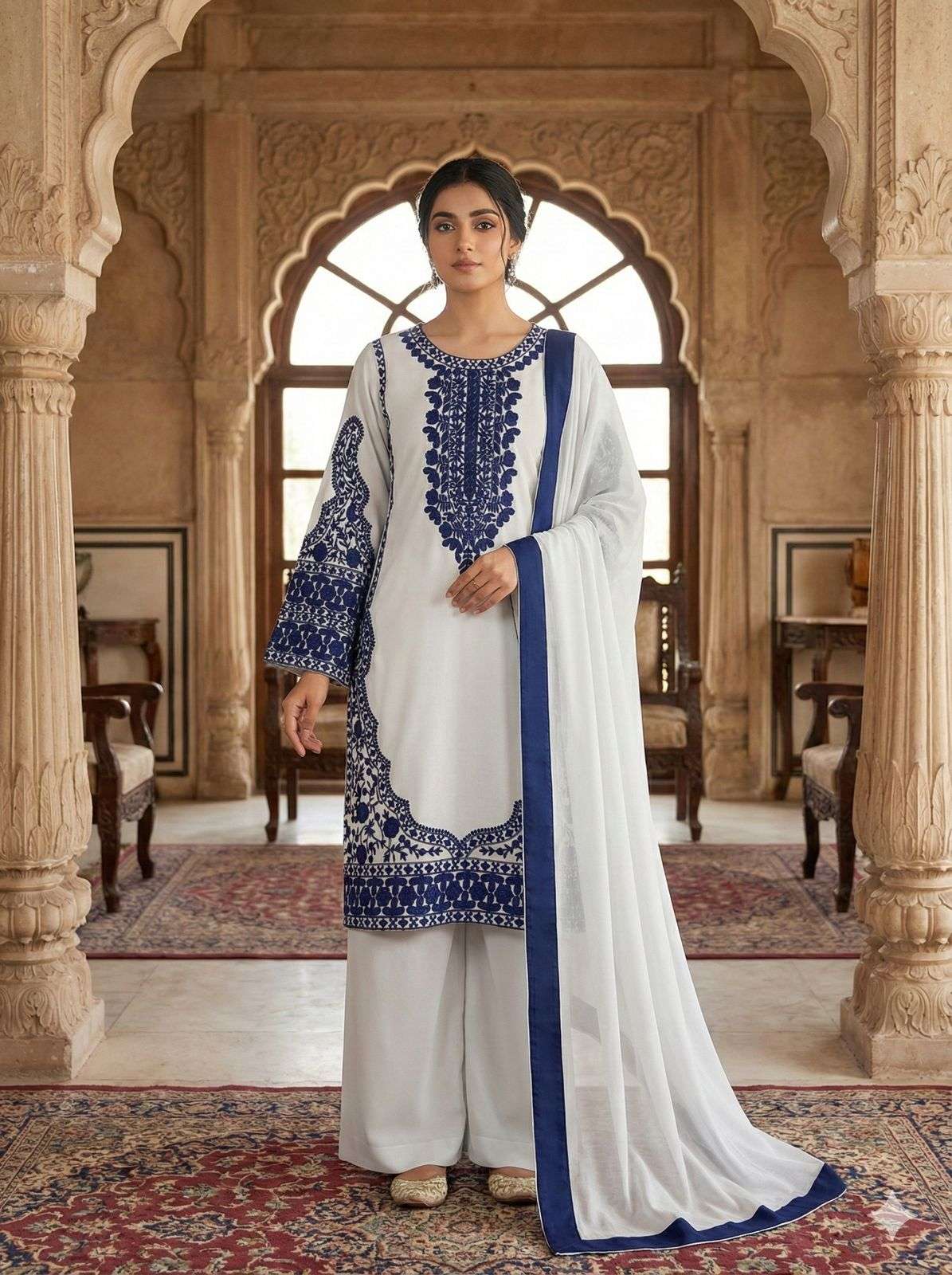 JF 020 GEORGETTE EMBROIDERED DESIGNER KURTI PLAZZO WITH DUPATTA SET 