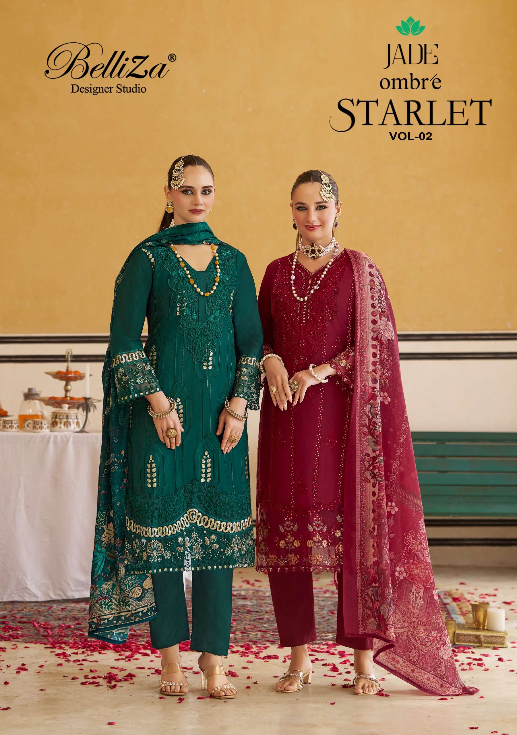 BELLIZA DESIGNER STUDIO OMBRE STARLET VOL 2 LAWN COTTON FANCY EMBROIDERY WORK SUIT