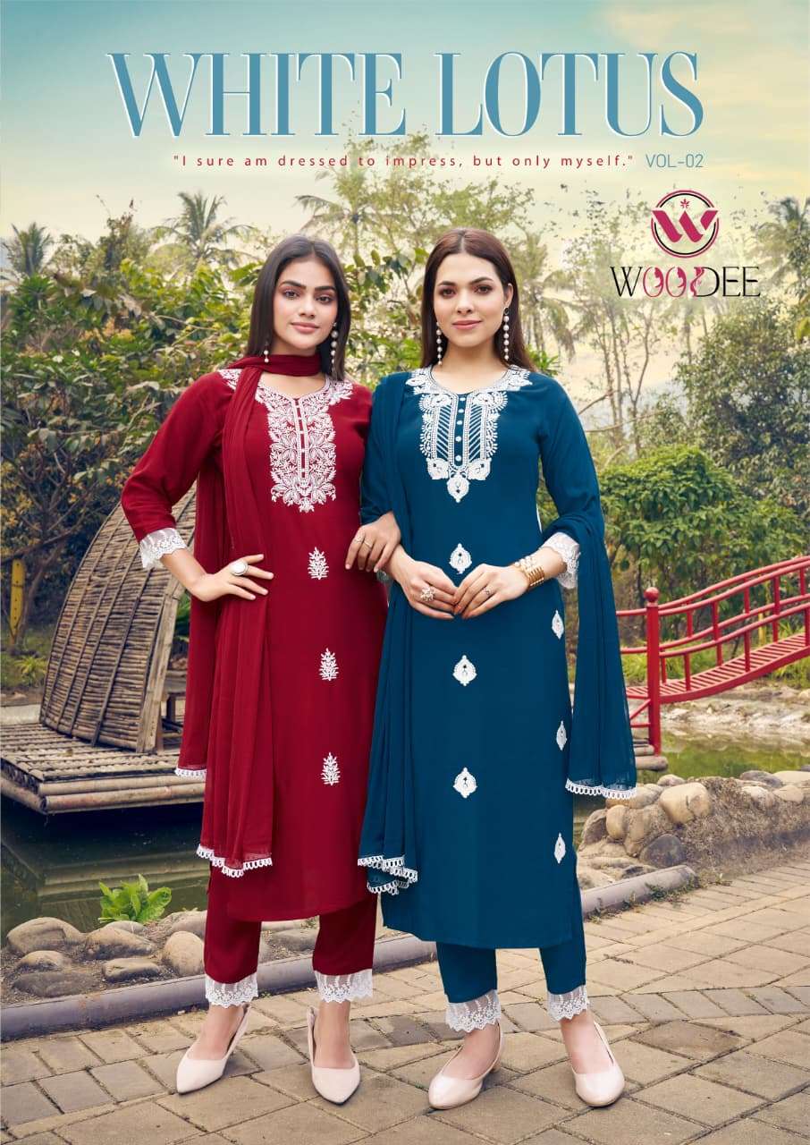 WOODEE WHITE LOTUS VOL 2 RAYON FANCY EMBROIDERIES WORK LADIES 3PIECE SET COLLECTION 