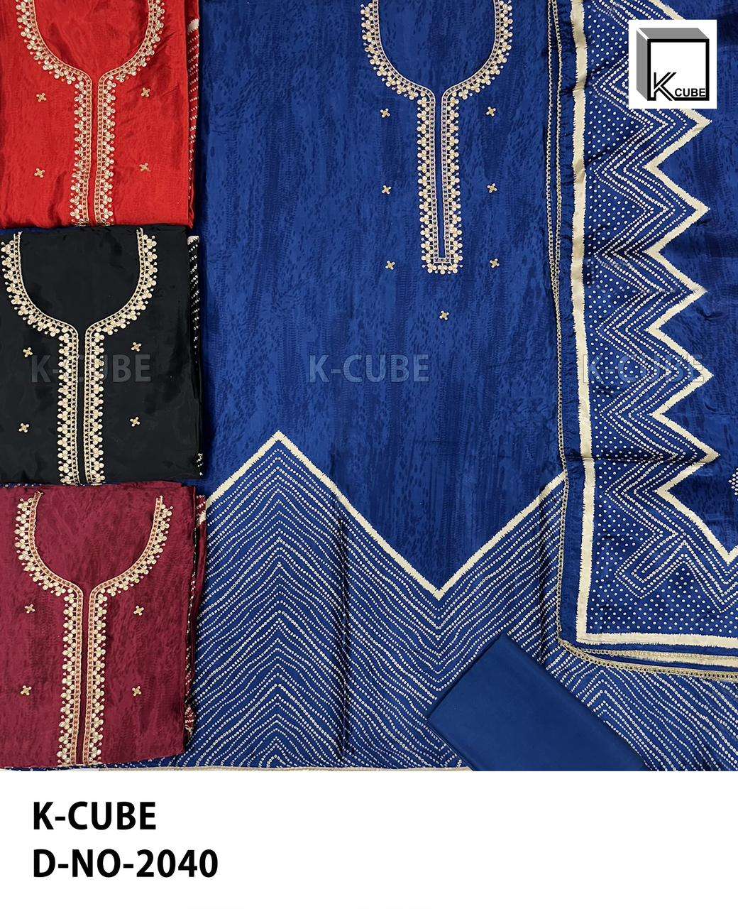 K CUBE D NO 2040  SILK PRINT WITH EMBROIDERY DESIGNER WORK SUIT