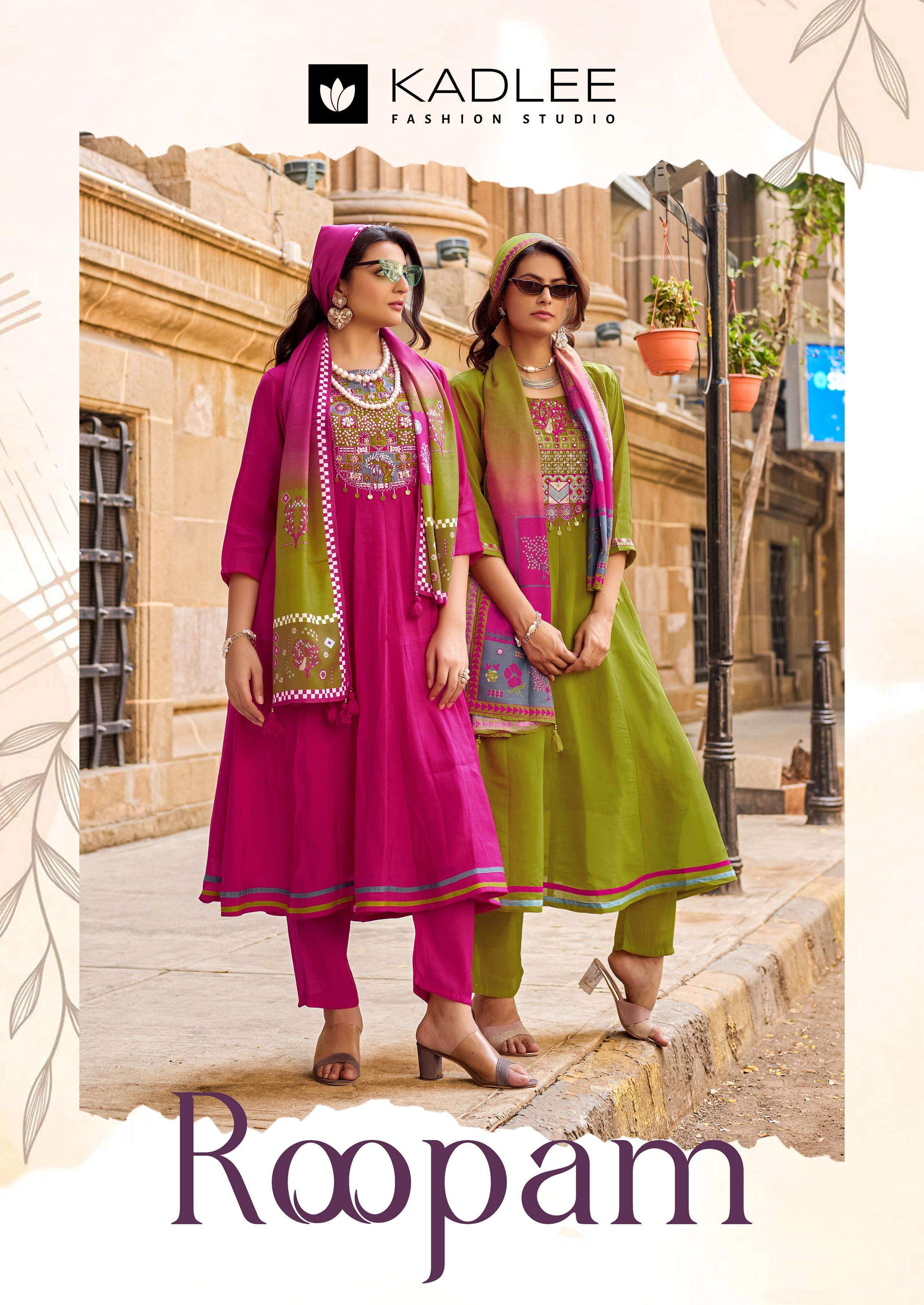 KADLEE ROOPAM CHANDERI SILK FANCY GHERA STYLE KURTI BOTTOM AND DUPATTA SET 