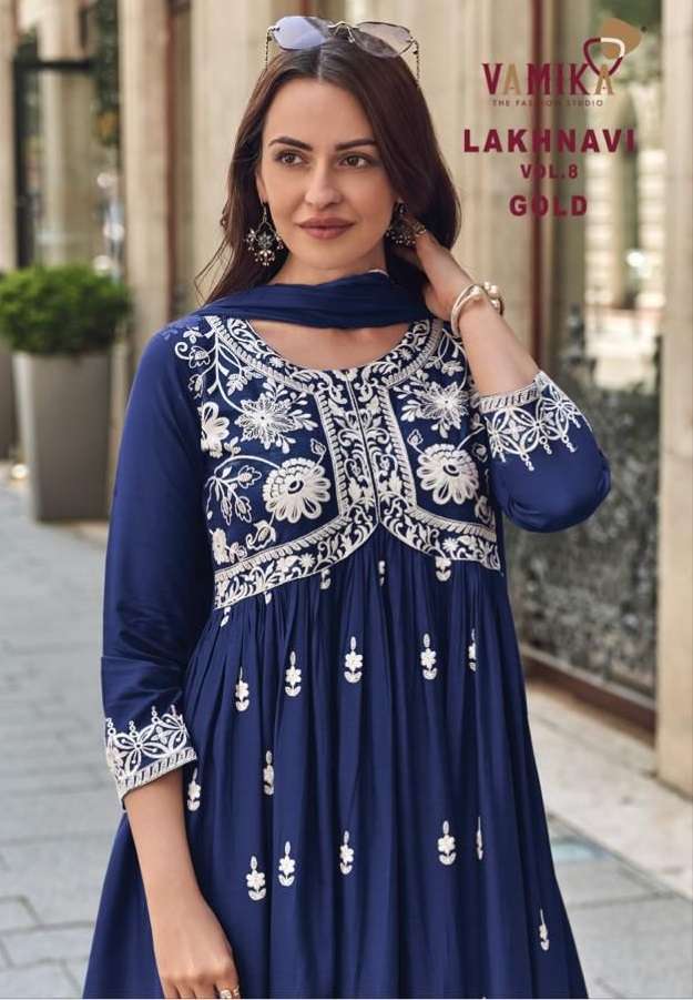VAMIKA LAKHNAVI VOL 8 GOLD RAYON FANCY WORKS LADIES 3PCS SET COLLECTION 