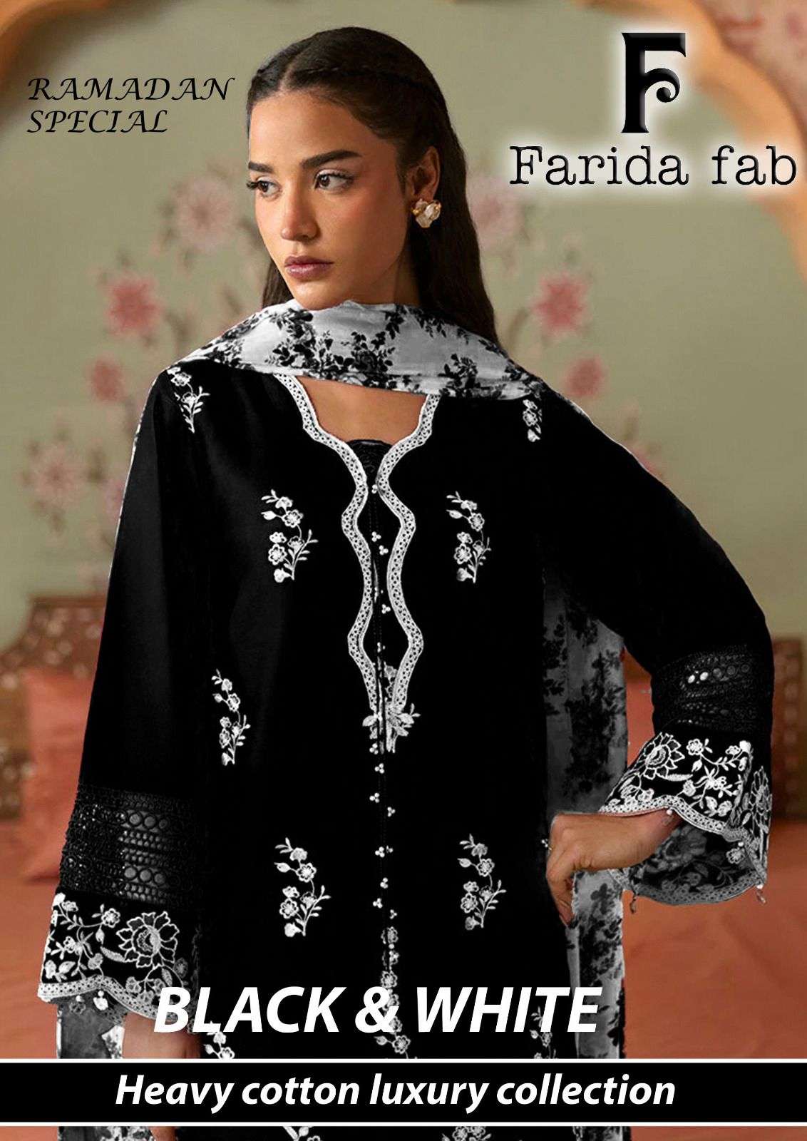 FARIDA FAB BLACK AND WHITE HEAVY LUXURY LAWN COLLECTION COTTON DIGITAL PRINTS SALWAR SUIT