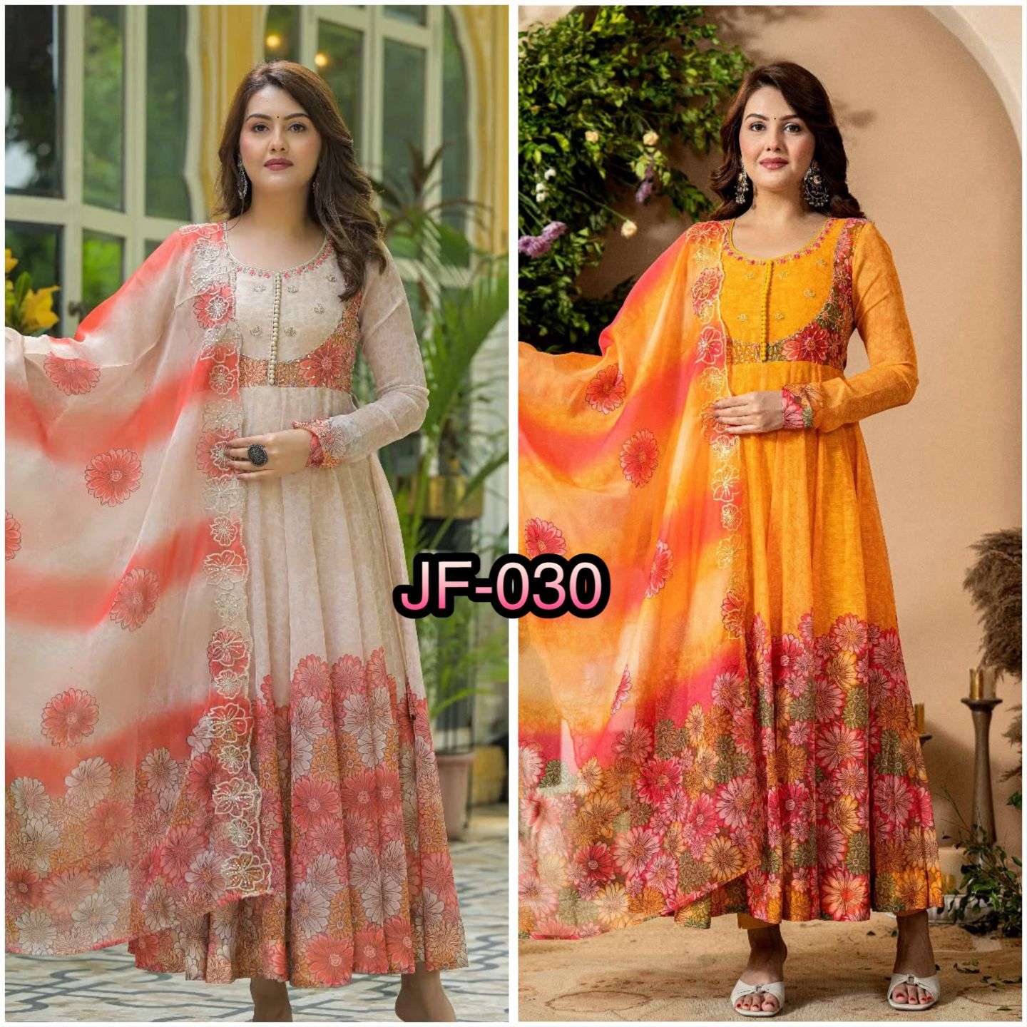 JF 030 ORGANZA DIGITAL PRINT WITH FANCY WORK LADIES SUITS AT GOWN BOTTOM AND DUPATTA SET 