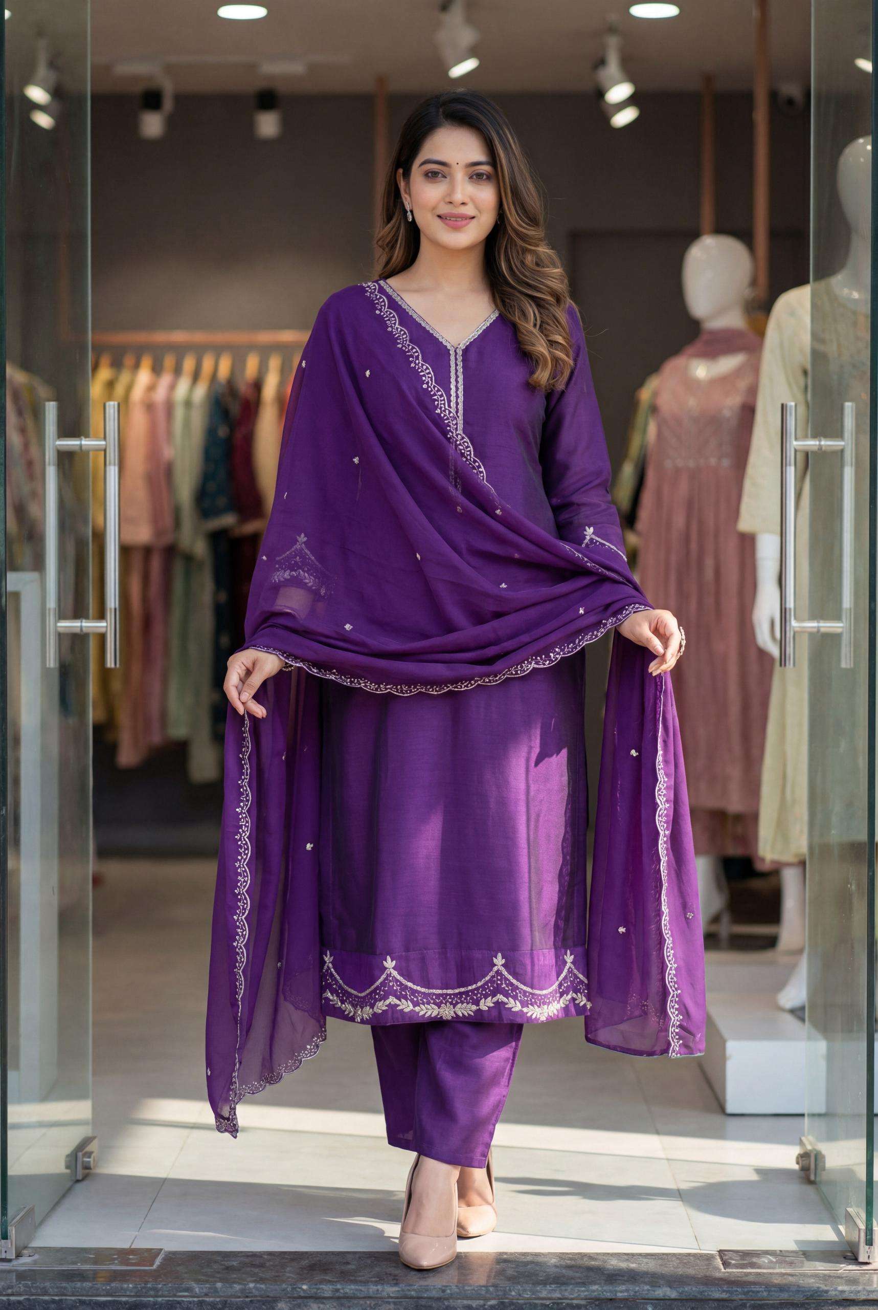 MF PARTY WEAR 3PCS COLLECTION SILK DESIGNER ANARKALI STYLE LADIES SUIT