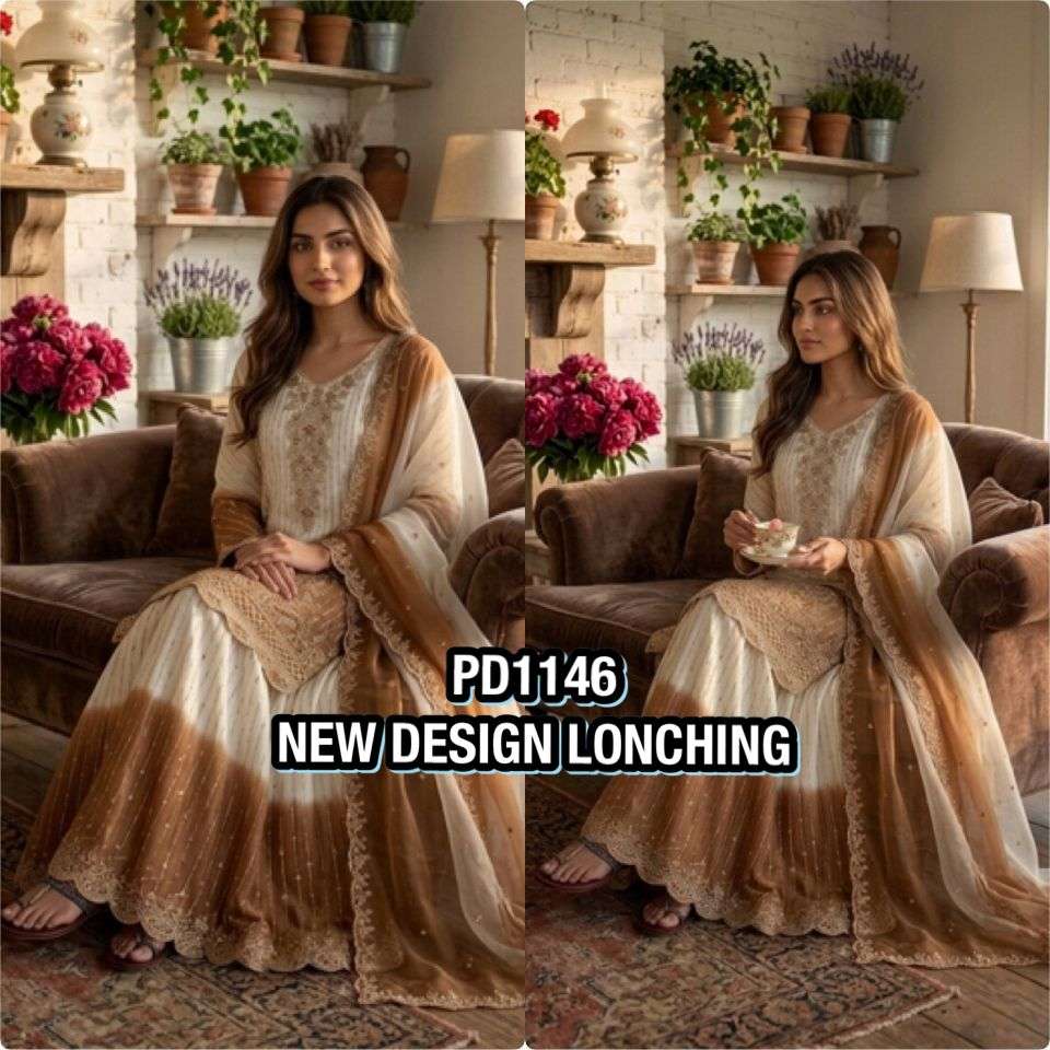 PD 1146 DUAL TONE GEORGETTE HEAVY EMBROIDERED DESIGNER WEDDING WEAR SHARARA SUIT