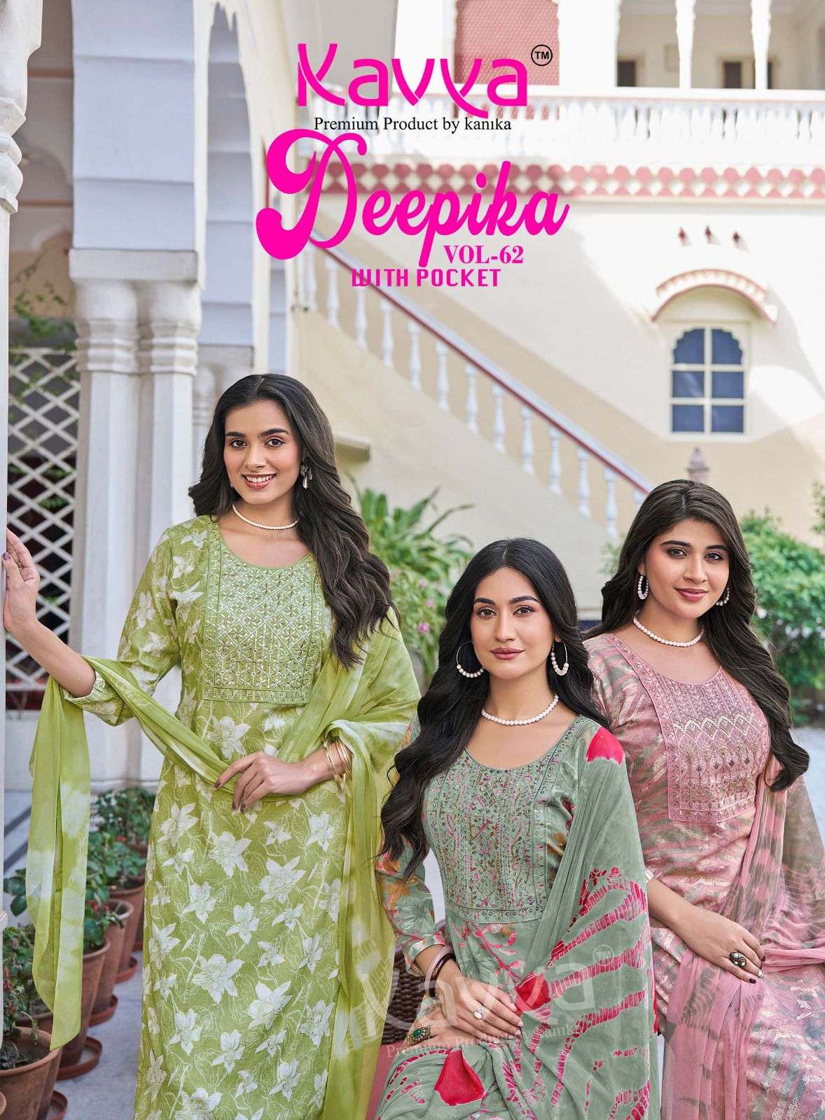 KAVYA DEEPIKA VOL 62 FANCY STRAIGHT KURTI BOTTOM AND NAZLEEN DUPATTA SET