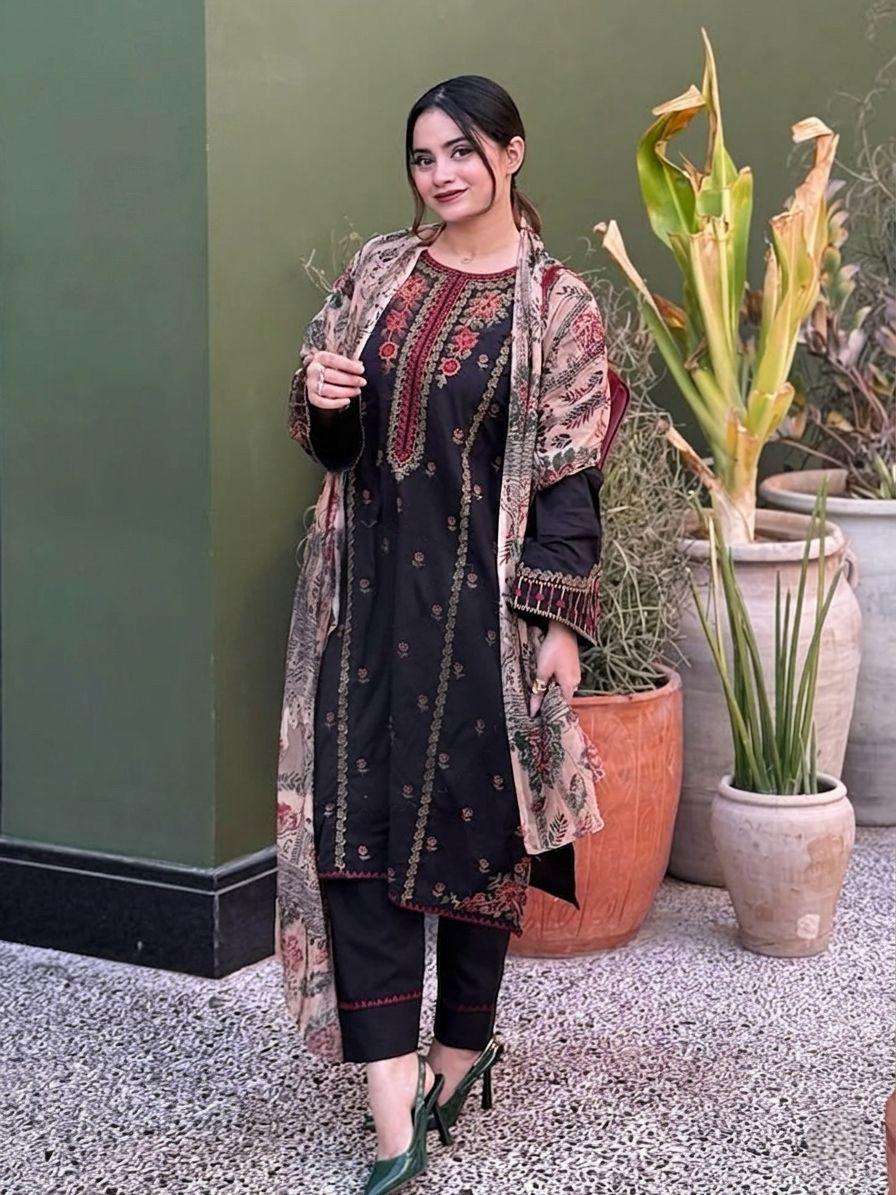 MF BLACK CHEVRON HIT DESIGN VISCOSE FANCY WORK READY MADE SUIT