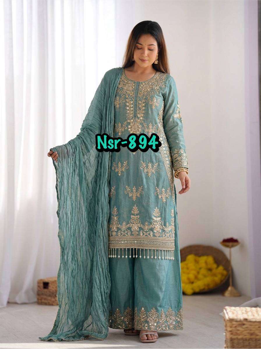 NSR 894 SILK FANCY DESIGNER PARTY WEAR LOOK LADIES TOP PLAZZO AND DUPATTA SET 