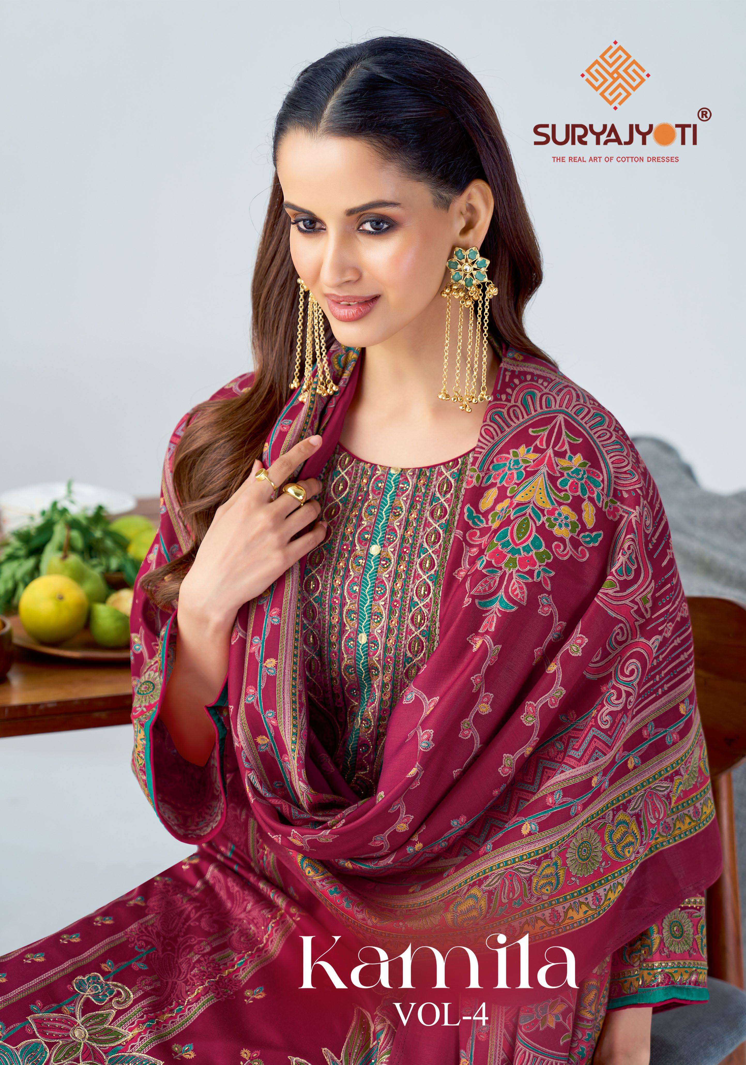 SURYAJYOTI KAMILA VOL 4 JAM SATIN PRINT WITH SWAROVSKI WORK SUIT