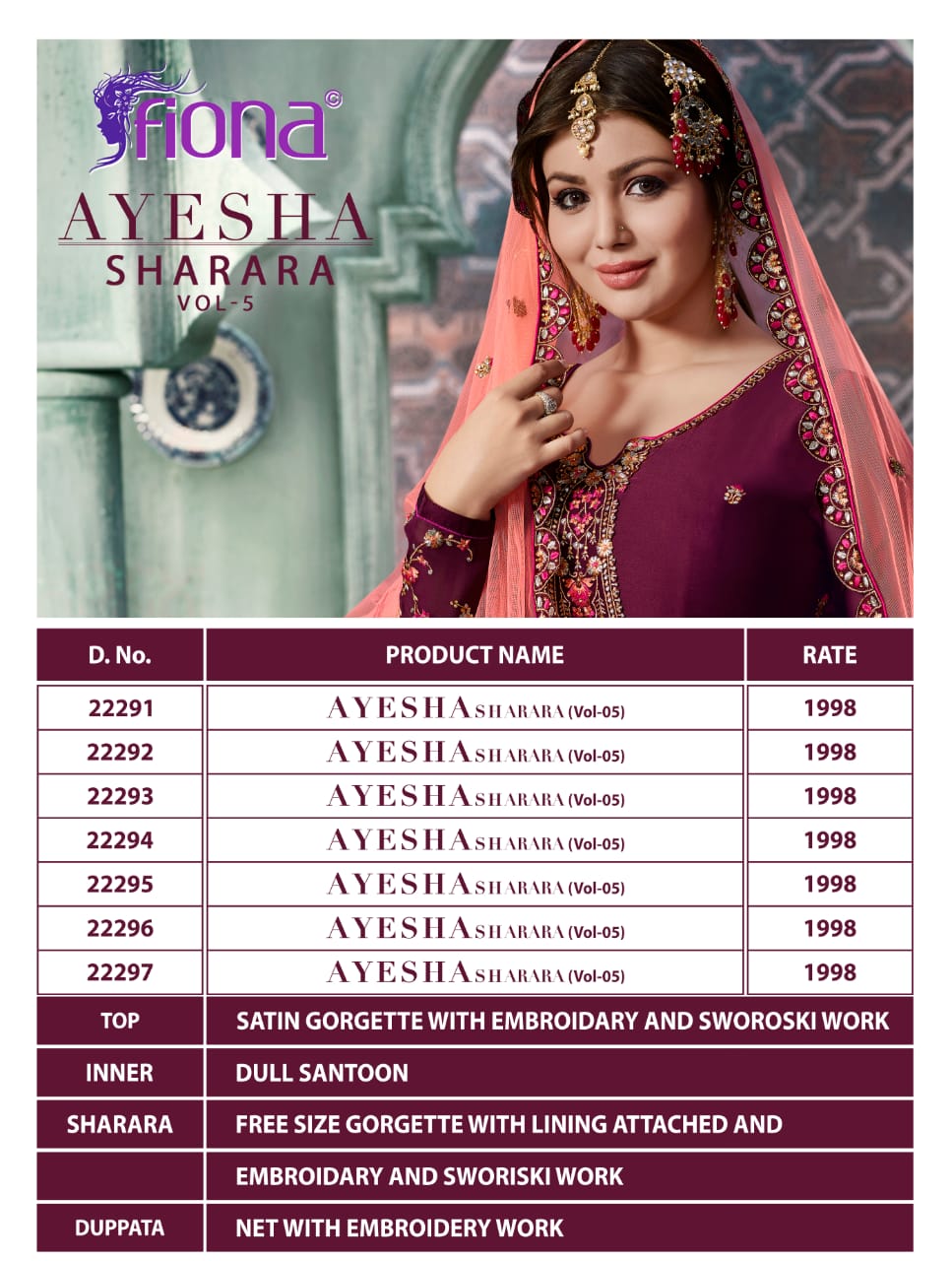 Fiona Ayesha Sharara Vol 5 Satin Georgette Plazzo Style Party Wear Salwar Kameez Collection