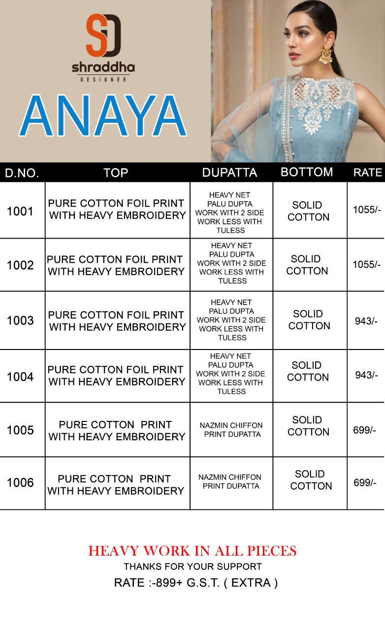 Shraddha Designer Anaya  Cotton Fabric With Embroidery Work Suits Pakistani Colletcion Wholesale Rate
