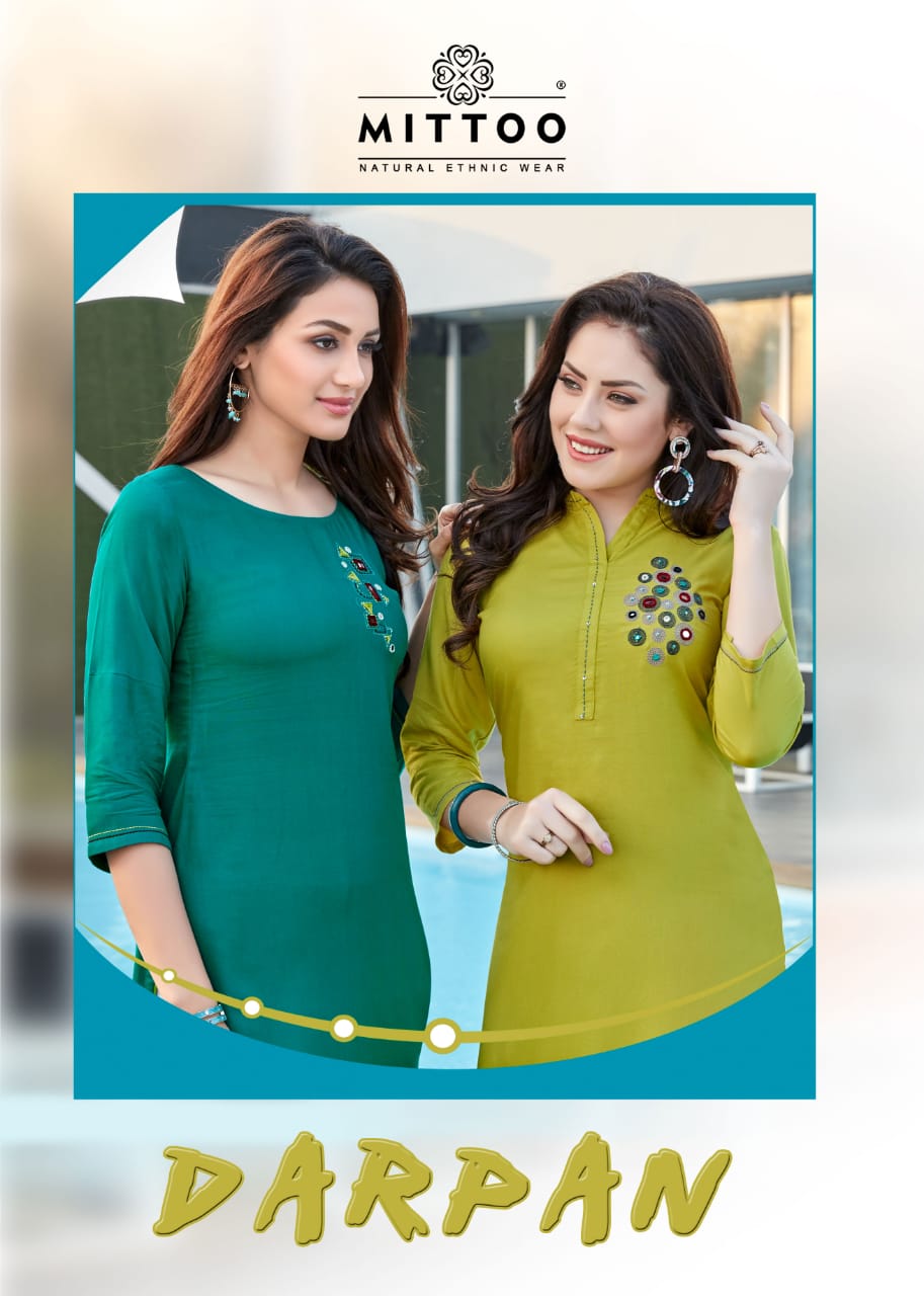 Mittoo Launched Darpan Heavy Rayon Fabric With Mirror Handwork Fancy Waer Kurti Wholesale Dealer At Surat