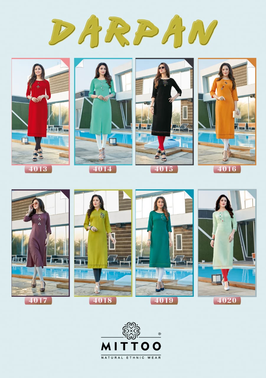 Mittoo Launched Darpan Heavy Rayon Fabric With Mirror Handwork Fancy Waer Kurti Wholesale Dealer At Surat
