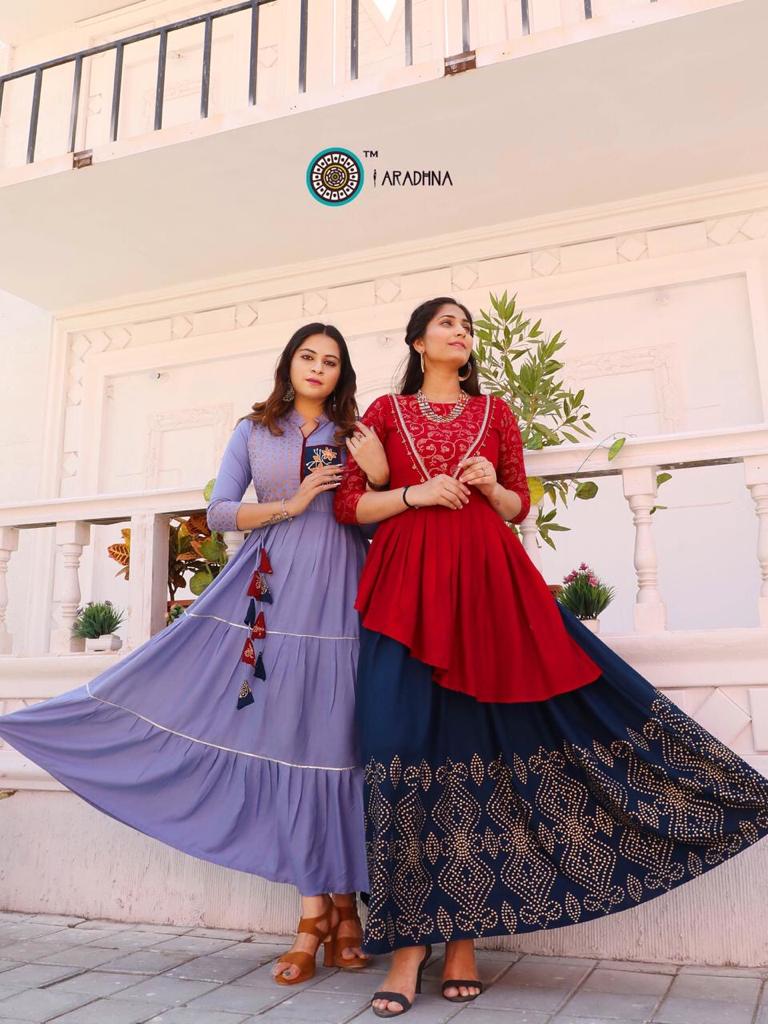 Aradhna Victoria Vol 1 Heavy Rayon Fabric With Handwork Gown Style Kurti Wholesale Dealer