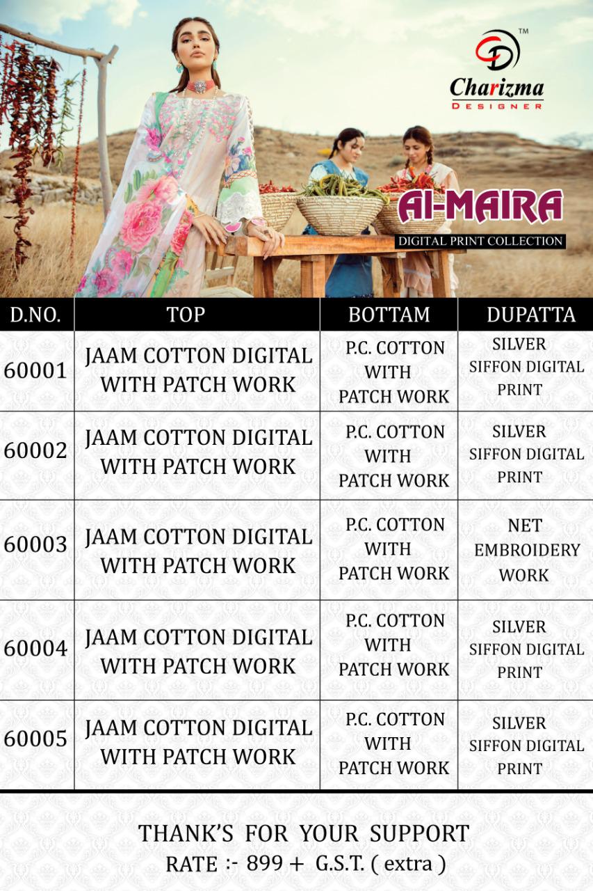Charizma Designer Al Maira Jam Cotton Fabric With Embroidery Work Salwar Suit