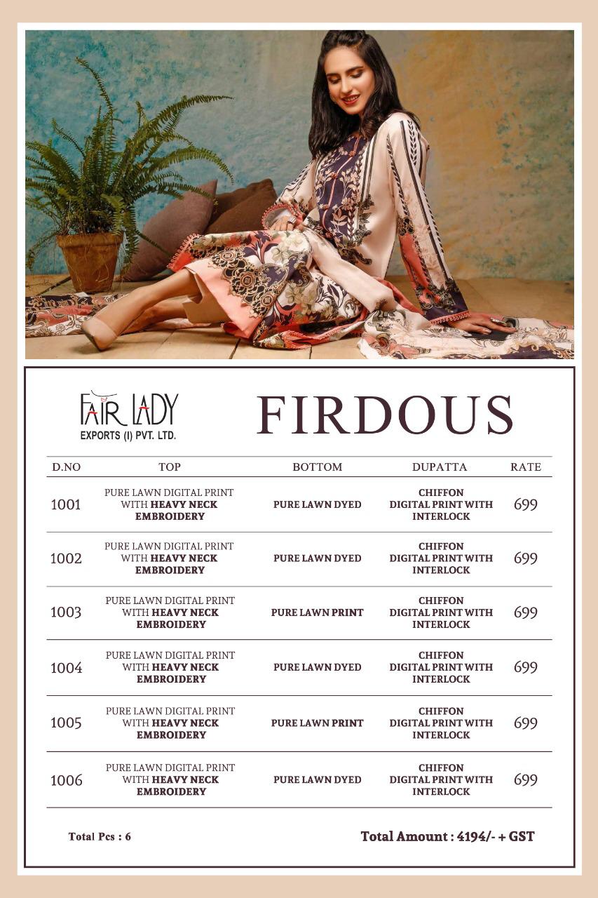 Fair Lady Presents Firdous Pure Lawn Cotton Fabric Heavy Embroidery Work Salwar Suit Wholesale Dealer
