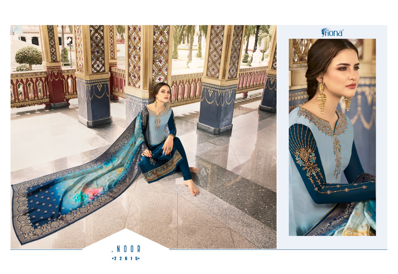 Fiona Presents Nyra Vol 1 Nx Dola Silk Fabric With Digital Print Jacqurad Dupatta Salwar Suit Wholesale Dealer