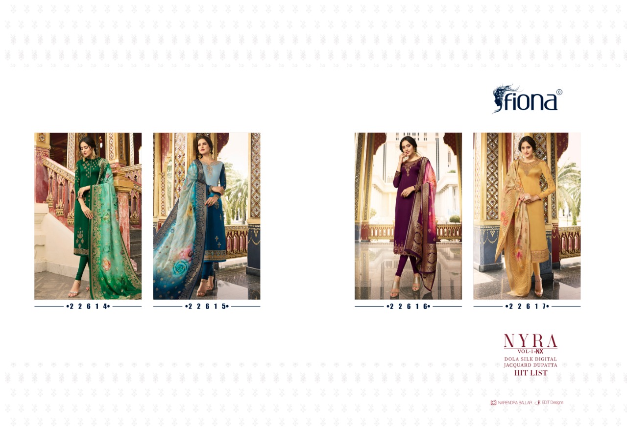 Fiona Presents Nyra Vol 1 Nx Dola Silk Fabric With Digital Print Jacqurad Dupatta Salwar Suit Wholesale Dealer
