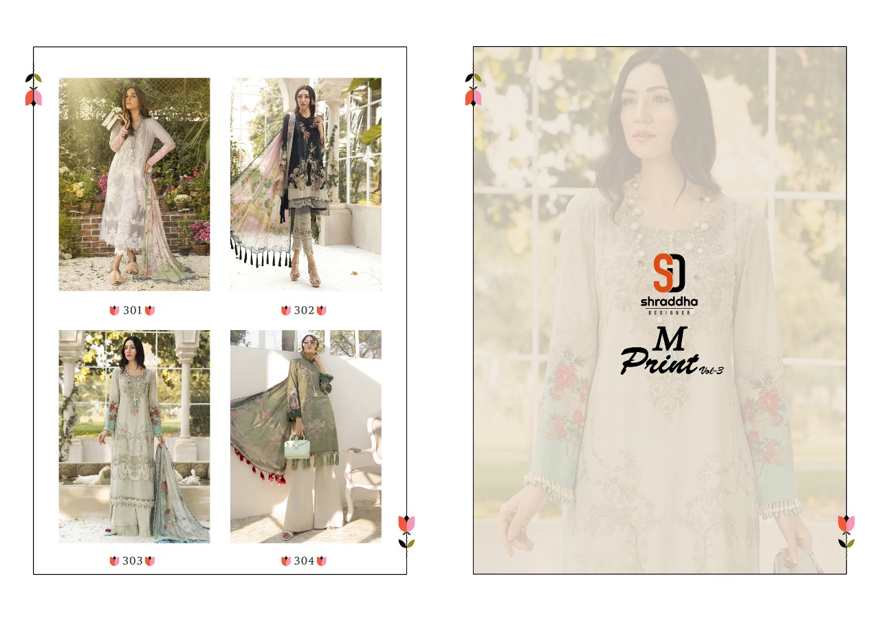 Shraddha Designer Presents Mprint Vol 3 Lawn Cotton Fabric With Embroidery Work Suit