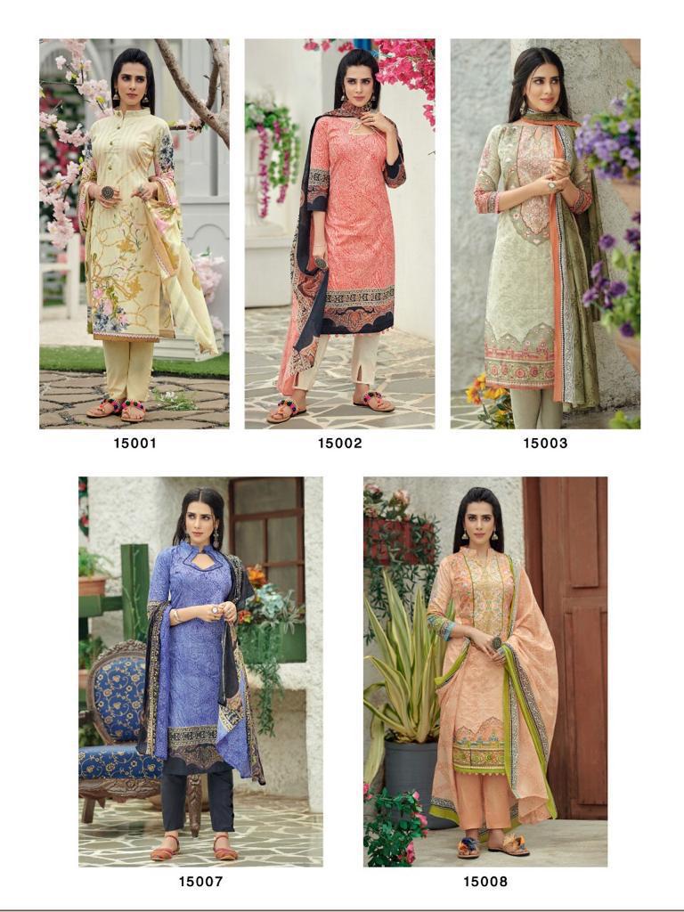 Ishaal Prints Presents Gulmohar Vol 15 Pure Lawn Cotton Fabric With Fancy Work Print Salwar Suit Wholesale Dealer