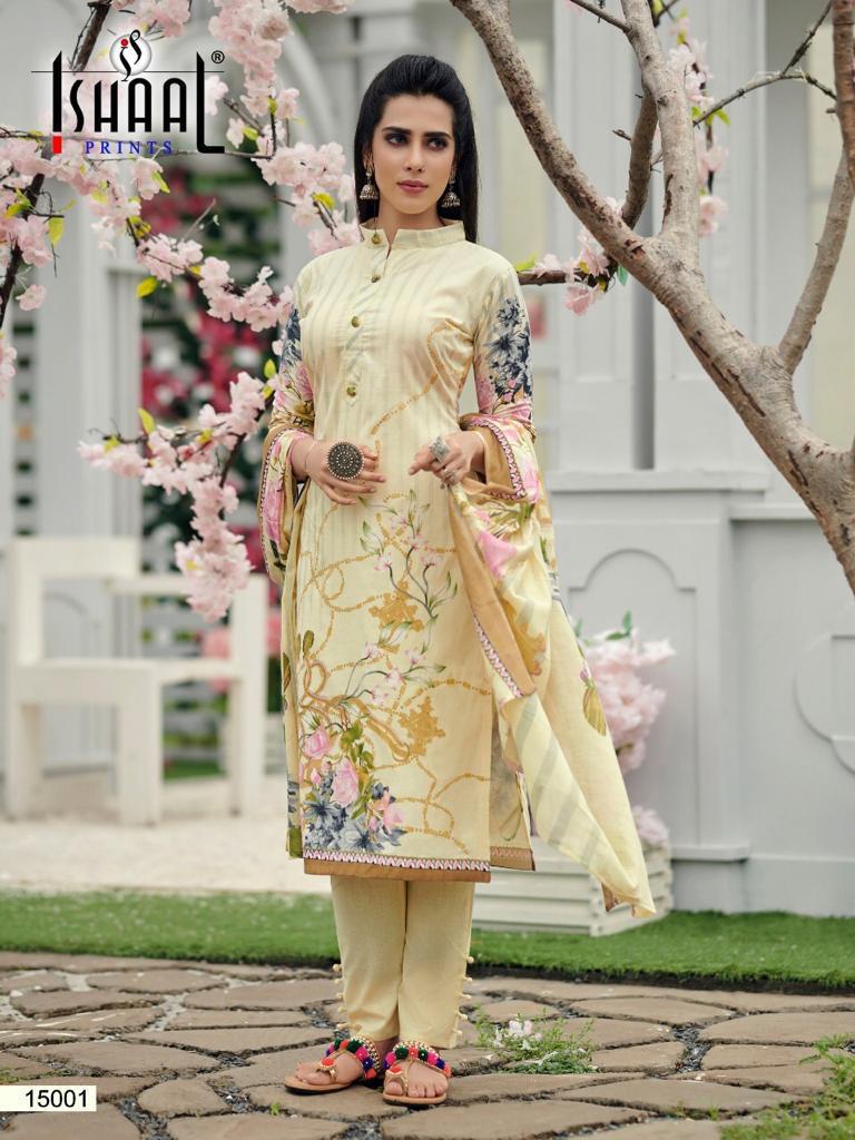 Ishaal Prints Presents Gulmohar Vol 15 Pure Lawn Cotton Fabric With Fancy Work Print Salwar Suit Wholesale Dealer