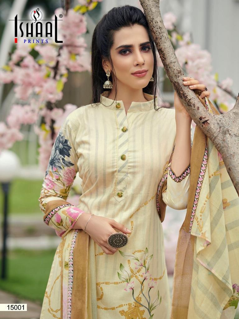 Ishaal Prints Presents Gulmohar Vol 15 Pure Lawn Cotton Fabric With Fancy Work Print Salwar Suit Wholesale Dealer