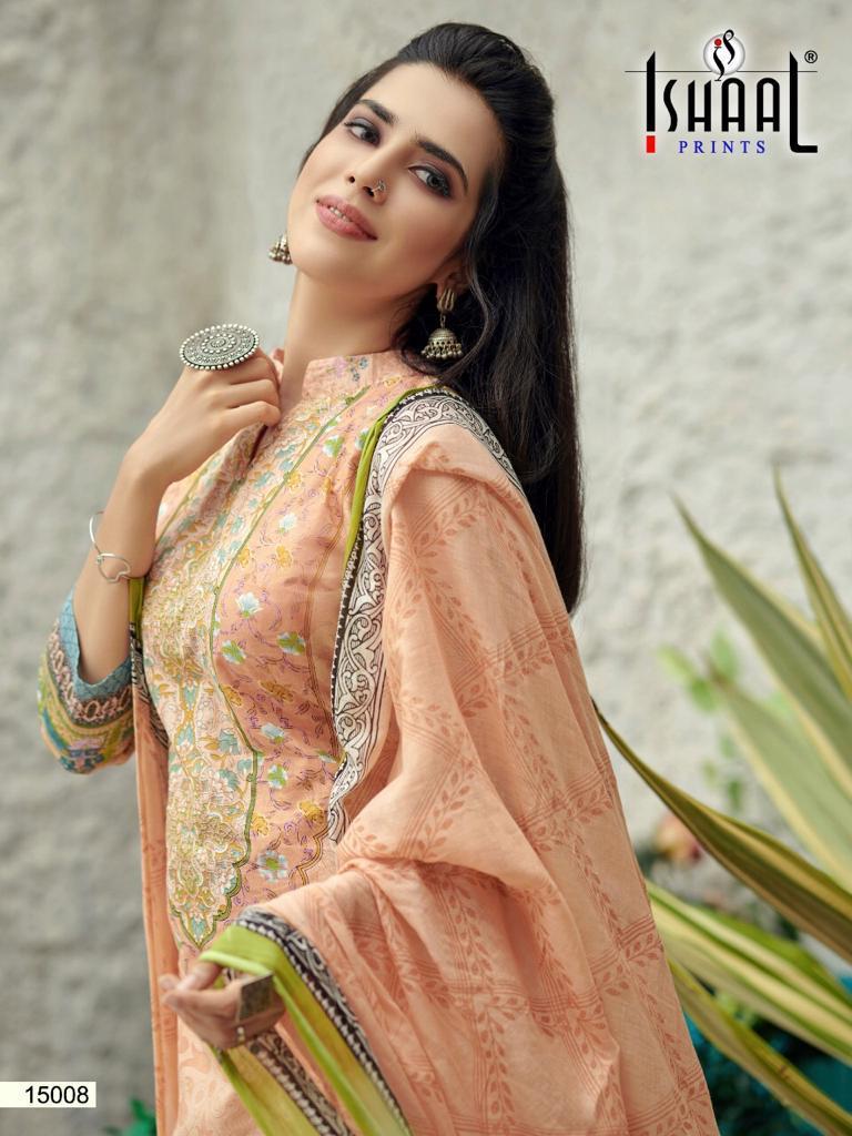 Ishaal Prints Presents Gulmohar Vol 15 Pure Lawn Cotton Fabric With Fancy Work Print Salwar Suit Wholesale Dealer