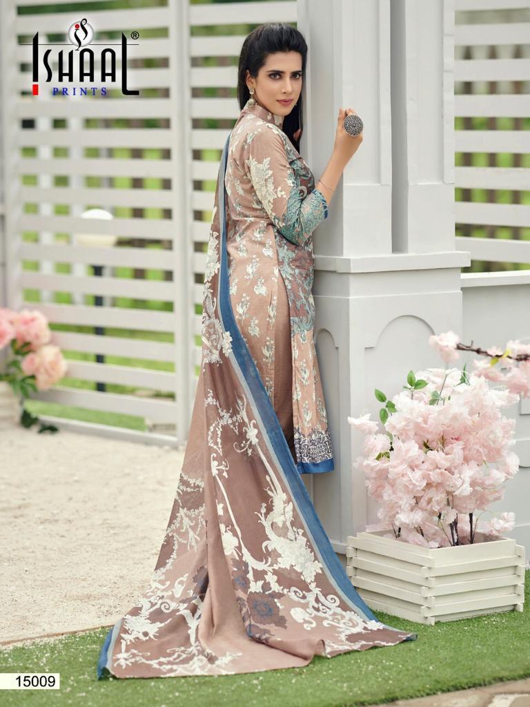 Ishaal Prints Presents Gulmohar Vol 15 Pure Lawn Cotton Fabric With Fancy Work Print Salwar Suit Wholesale Dealer