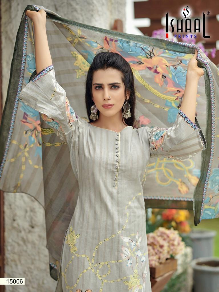 Ishaal Prints Presents Gulmohar Vol 15 Pure Lawn Cotton Fabric With Fancy Work Print Salwar Suit Wholesale Dealer