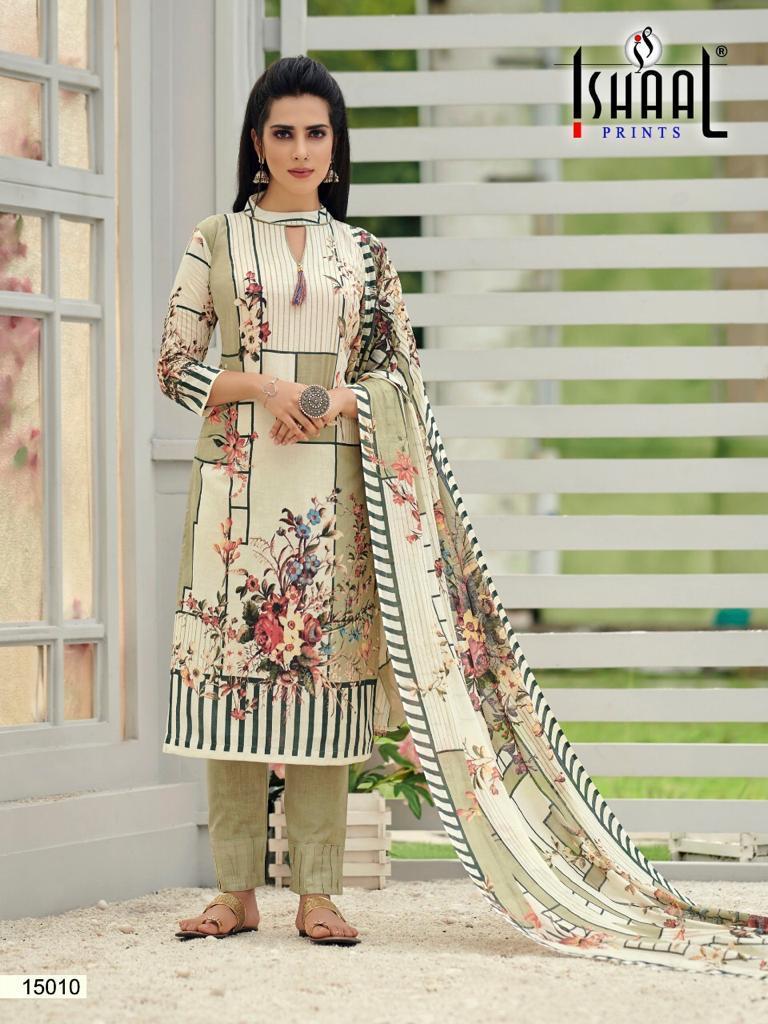 Ishaal Prints Presents Gulmohar Vol 15 Pure Lawn Cotton Fabric With Fancy Work Print Salwar Suit Wholesale Dealer