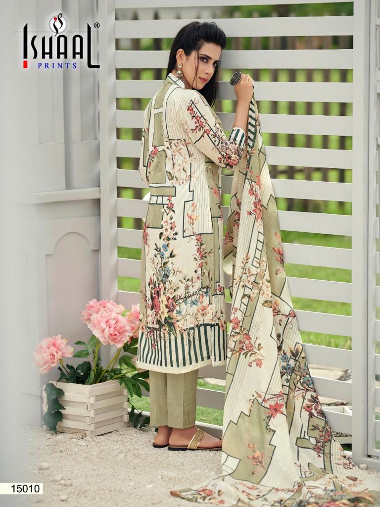 Ishaal Prints Presents Gulmohar Vol 15 Pure Lawn Cotton Fabric With Fancy Work Print Salwar Suit Wholesale Dealer