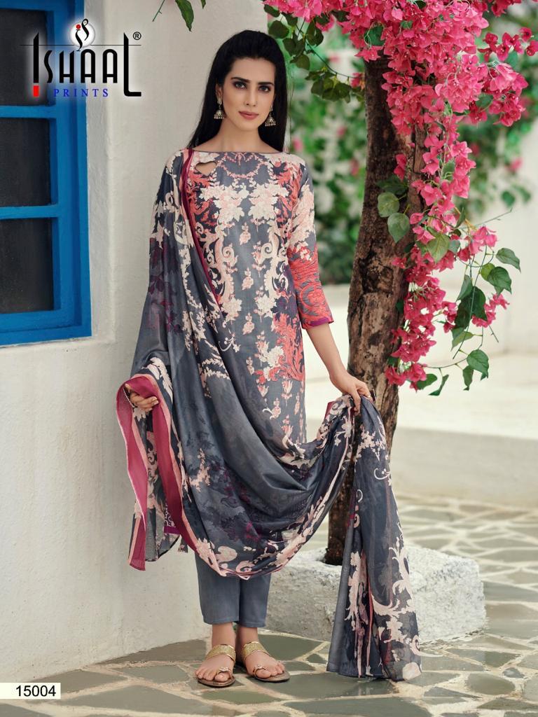Ishaal Prints Presents Gulmohar Vol 15 Pure Lawn Cotton Fabric With Fancy Work Print Salwar Suit Wholesale Dealer