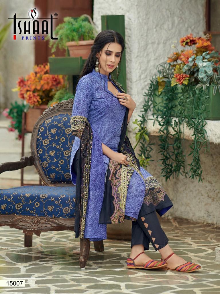 Ishaal Prints Presents Gulmohar Vol 15 Pure Lawn Cotton Fabric With Fancy Work Print Salwar Suit Wholesale Dealer
