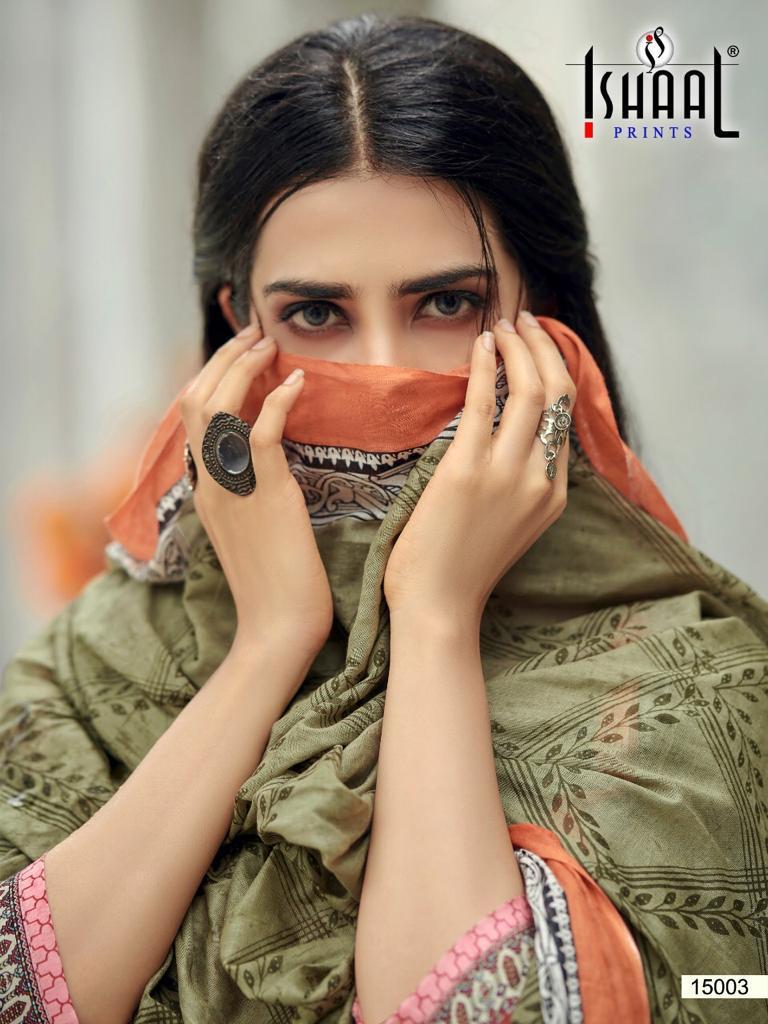 Ishaal Prints Presents Gulmohar Vol 15 Pure Lawn Cotton Fabric With Fancy Work Print Salwar Suit Wholesale Dealer