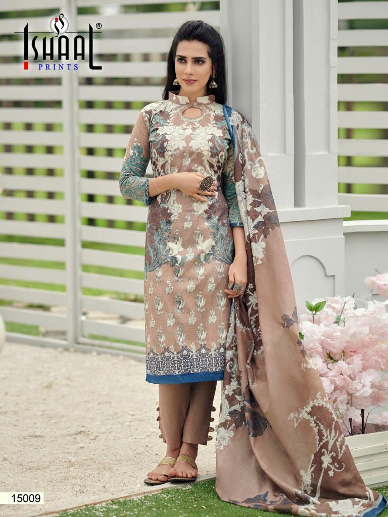 Ishaal Prints Presents Gulmohar Vol 15 Pure Lawn Cotton Fabric With Fancy Work Print Salwar Suit Wholesale Dealer