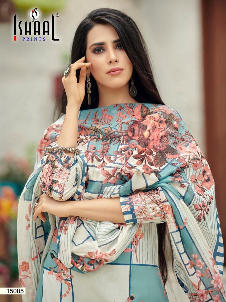 Ishaal Prints Presents Gulmohar Vol 15 Pure Lawn Cotton Fabric With Fancy Work Print Salwar Suit Wholesale Dealer