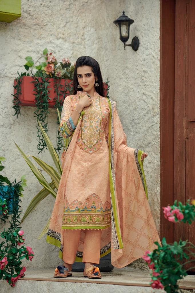 Ishaal Prints Presents Gulmohar Vol 15 Pure Lawn Cotton Fabric With Fancy Work Print Salwar Suit Wholesale Dealer
