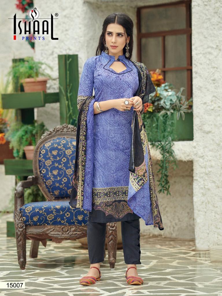Ishaal Prints Presents Gulmohar Vol 15 Pure Lawn Cotton Fabric With Fancy Work Print Salwar Suit Wholesale Dealer