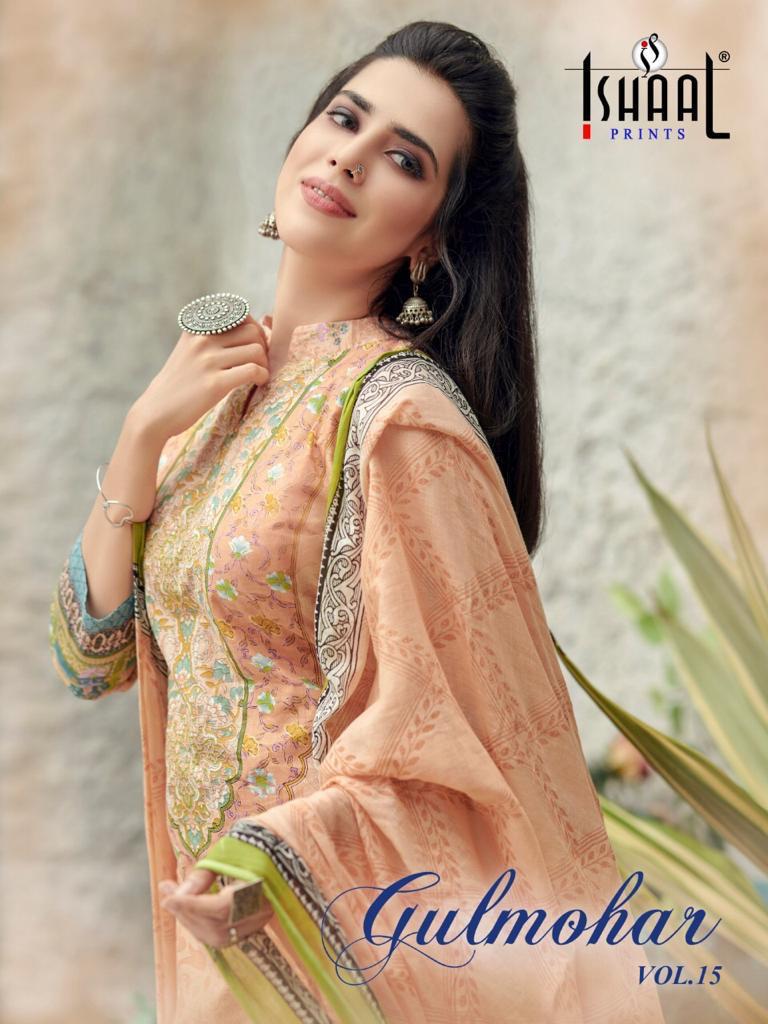 Ishaal Prints Presents Gulmohar Vol 15 Pure Lawn Cotton Fabric With Fancy Work Print Salwar Suit Wholesale Dealer